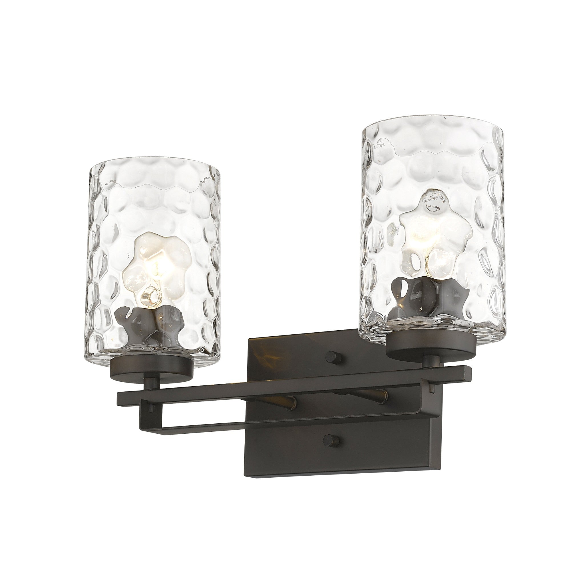 Bottom up right angle view of the lighted Bronze metal two-light wall sconce with pebbled glass shades – modern indoor lighting fixture.