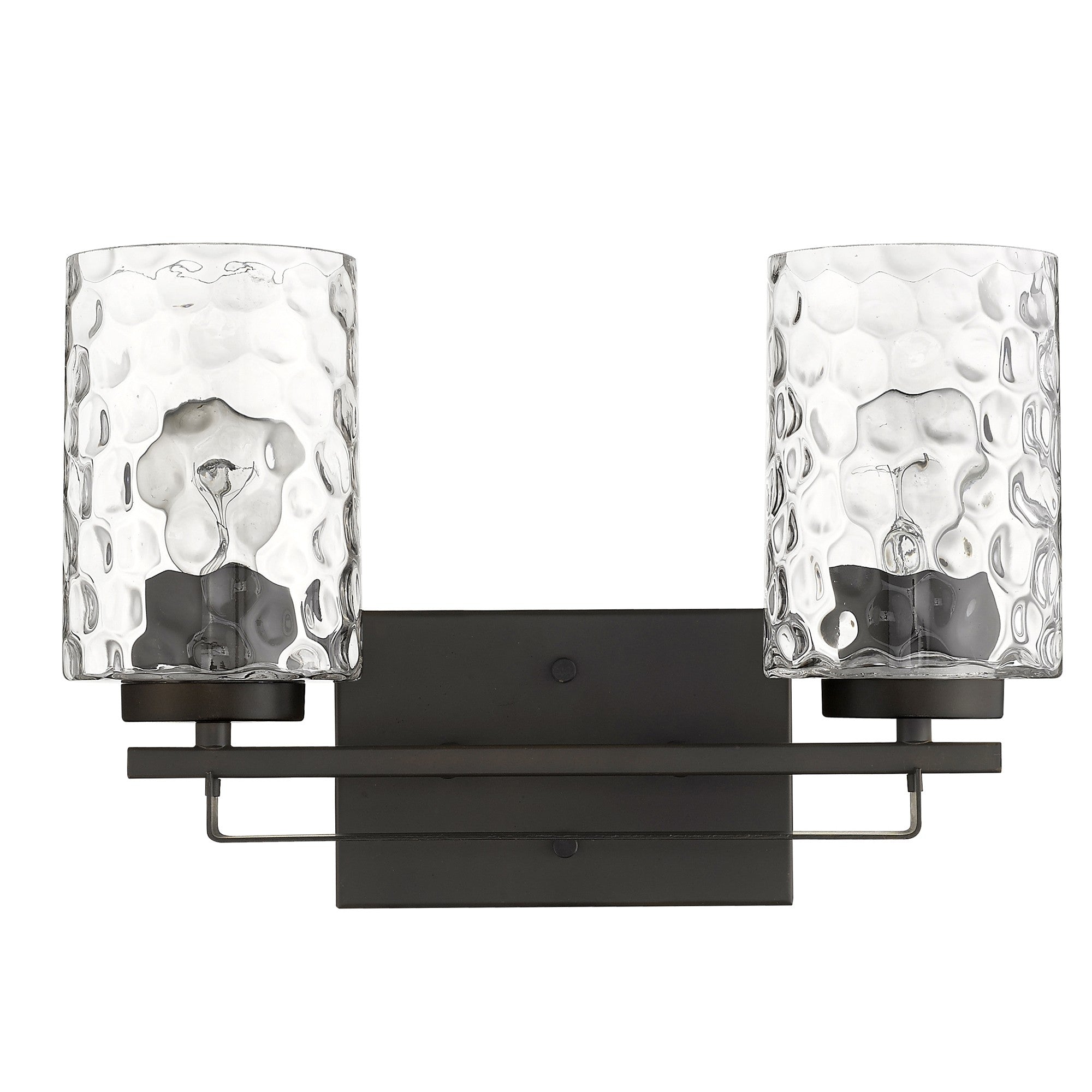 Front view of the Bronze metal two-light wall sconce with pebbled glass shades – modern indoor lighting fixture.