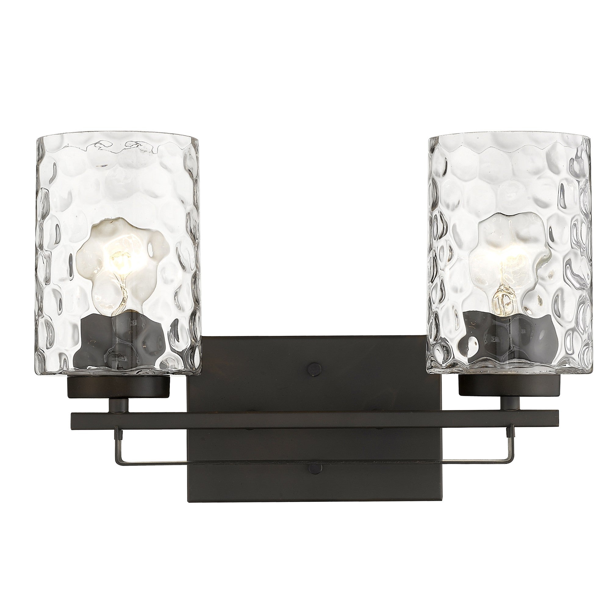 Front view of the lighted Bronze metal two-light wall sconce with pebbled glass shades – modern indoor lighting fixture.