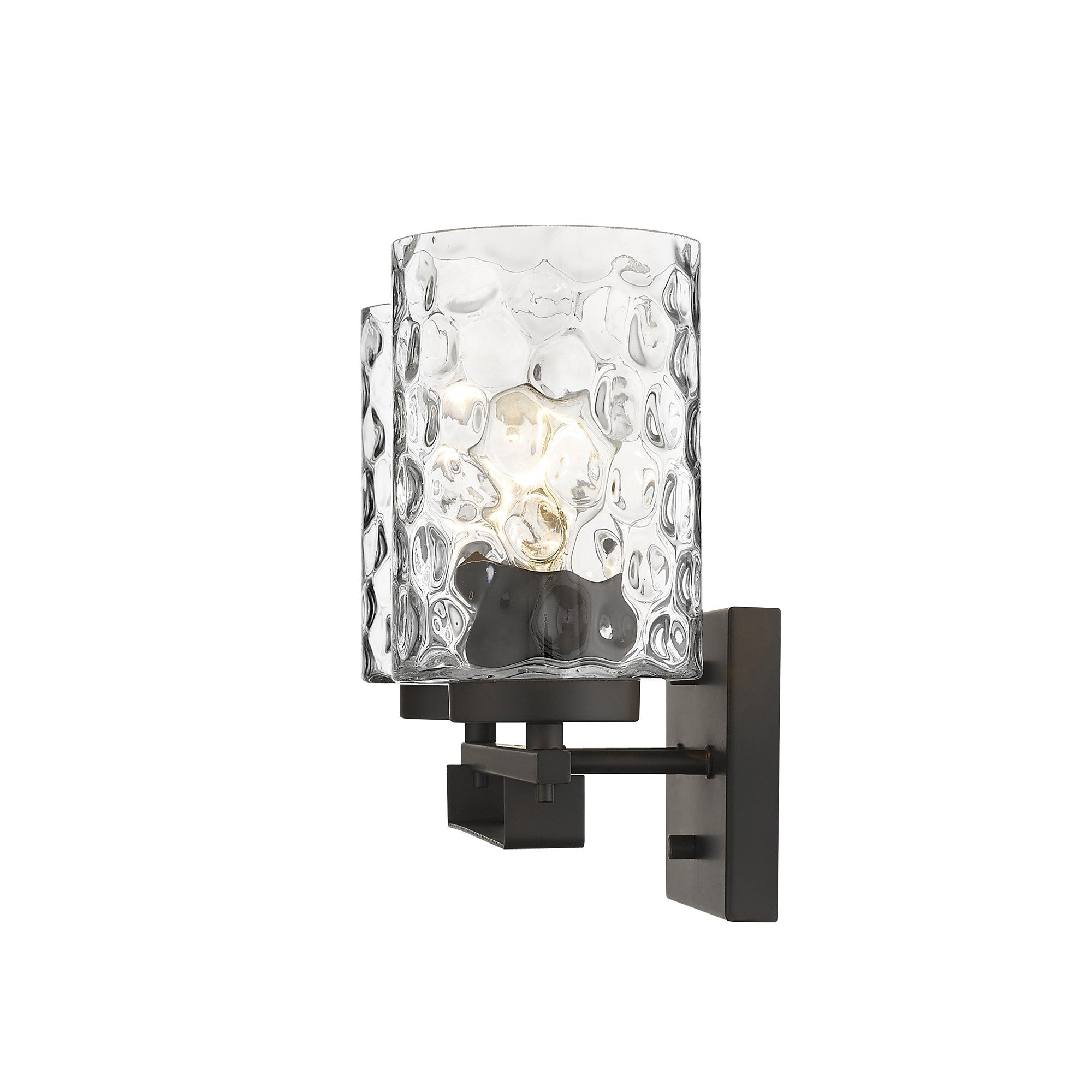 Side view of the lighted Bronze metal two-light wall sconce with pebbled glass shades – modern indoor lighting fixture.