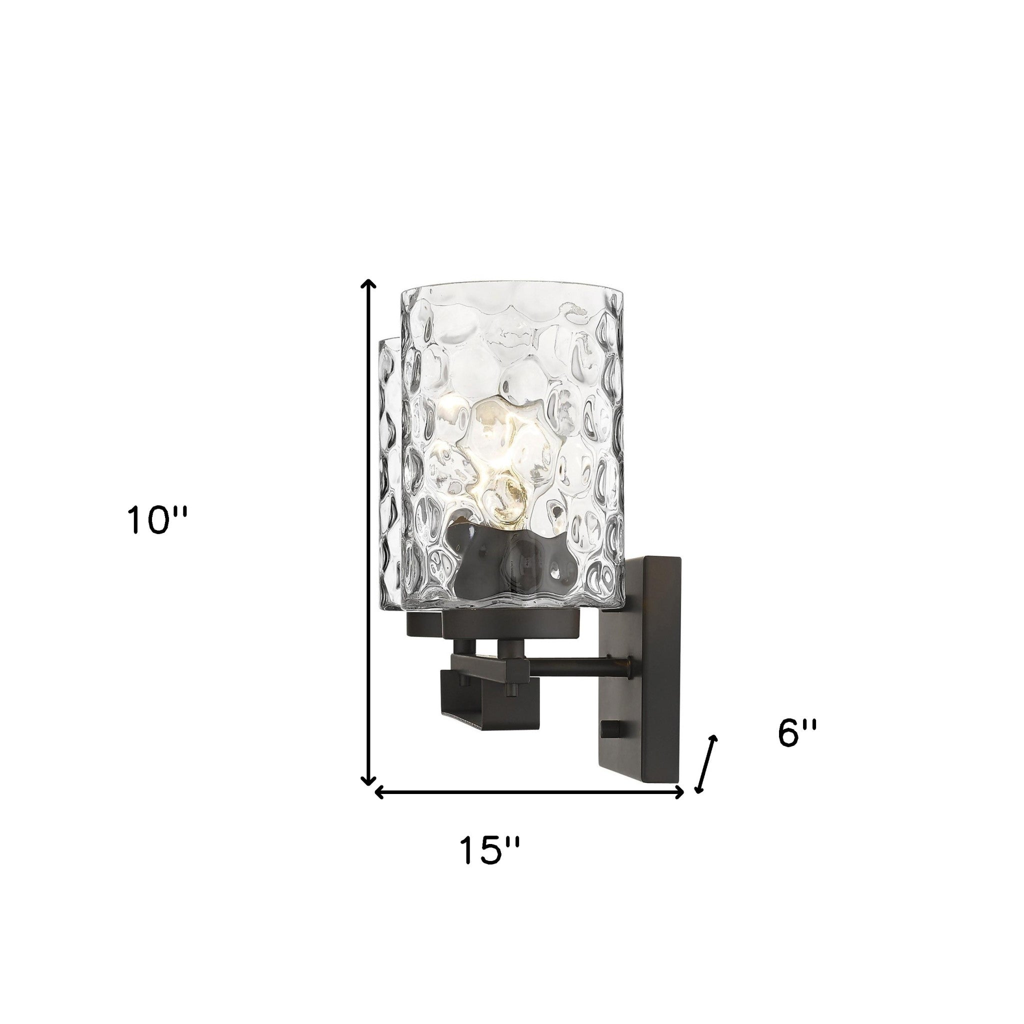 Bronze metal two-light wall sconce with pebbled glass shades – modern indoor lighting fixture shown with dimensions of 10 inches tall by 15 inches wide by 6 inches deep