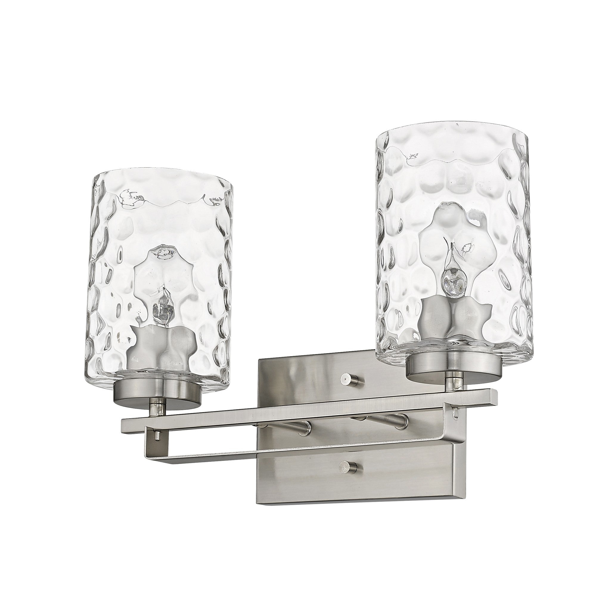 Bottom up right angle view of the Silver metal two-light wall sconce with pebbled glass shades – modern indoor lighting fixture.