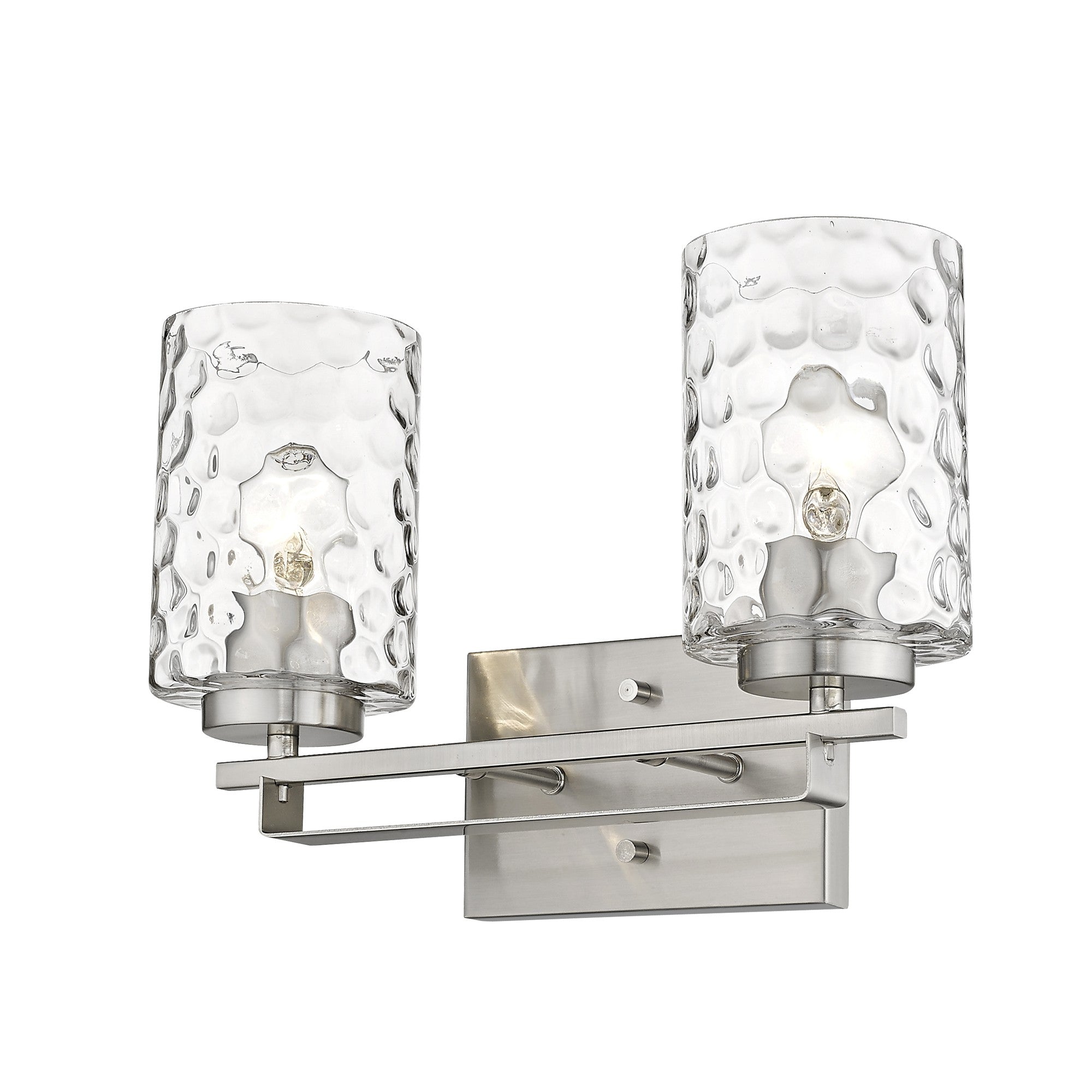 Bottom up right angle view of the lighted Silver metal two-light wall sconce with pebbled glass shades – modern indoor lighting fixture.