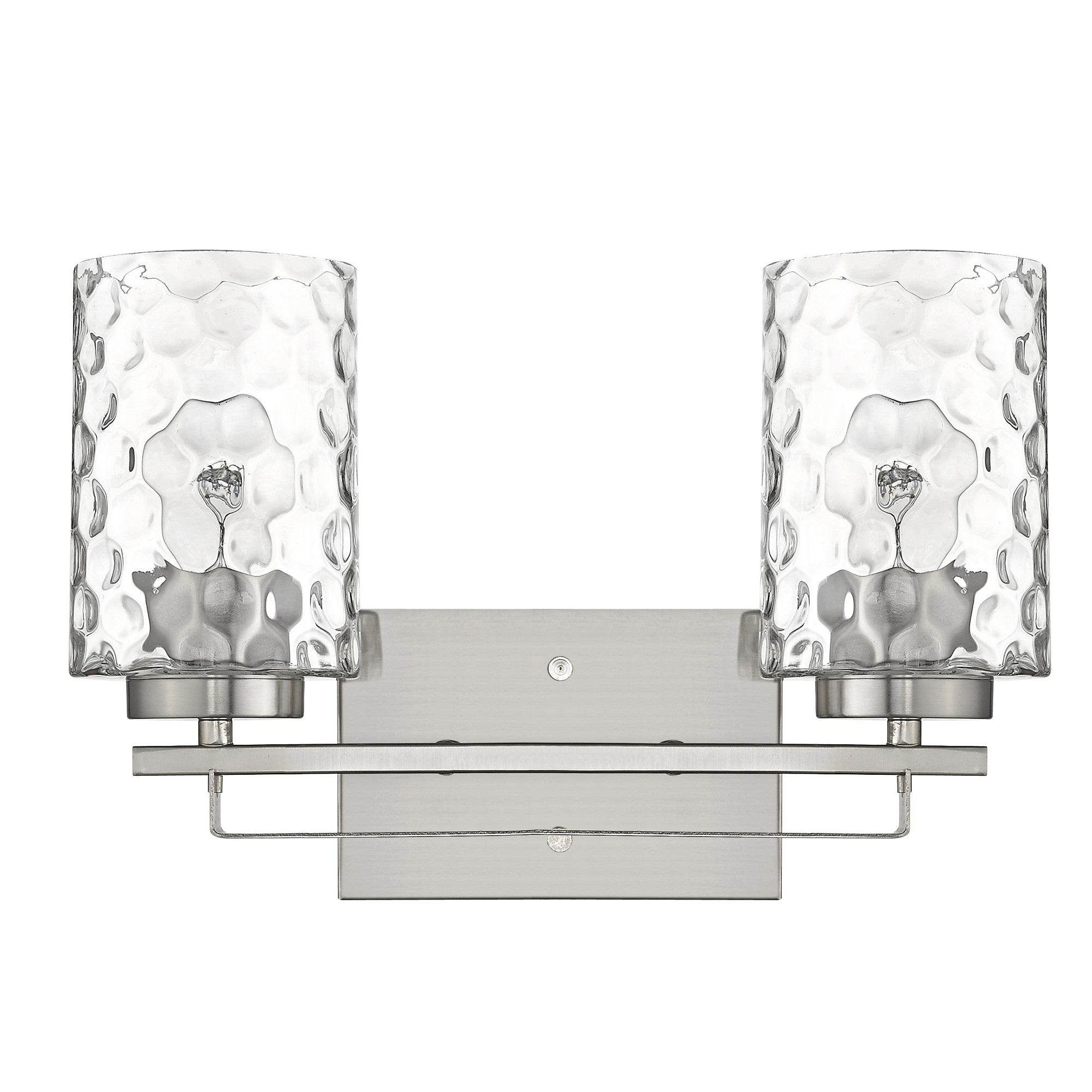 Front view of the Silver metal two-light wall sconce with pebbled glass shades – modern indoor lighting fixture.