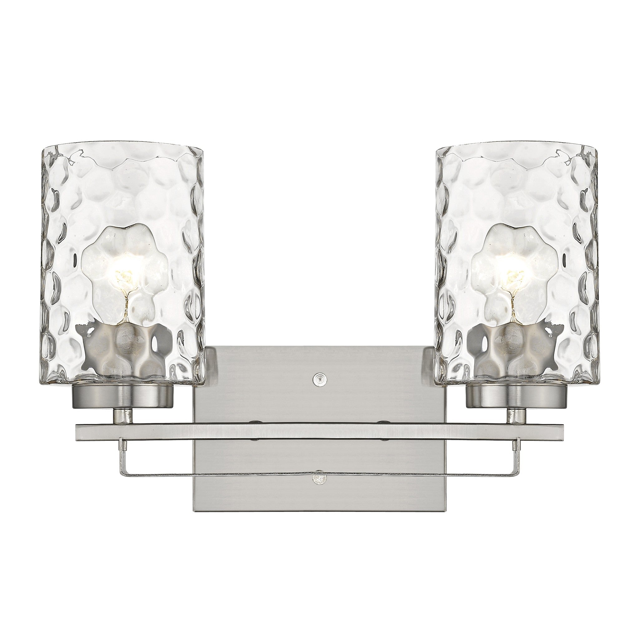 Front view of the lighted Silver metal two-light wall sconce with pebbled glass shades – modern indoor lighting fixture.