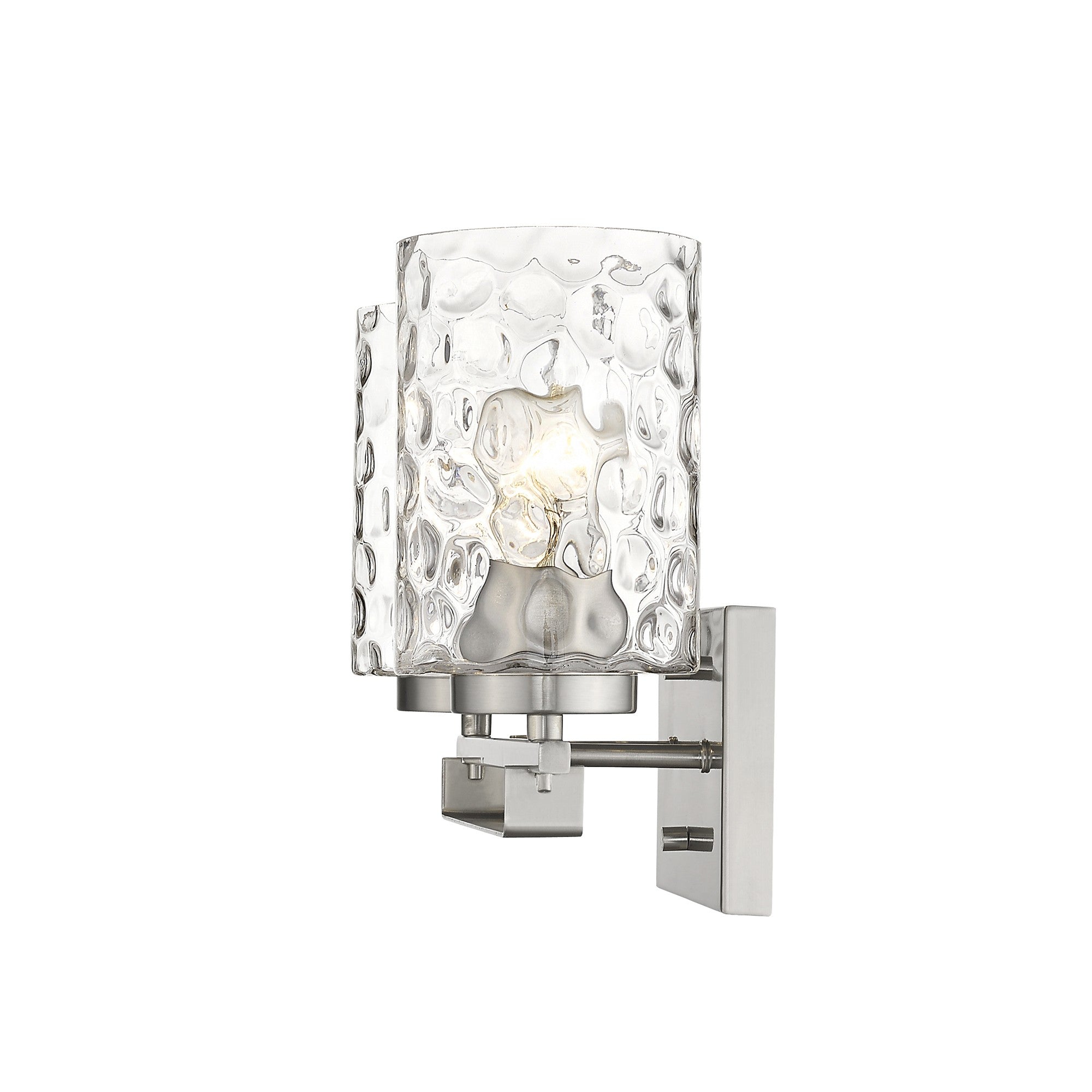 Side view of the lighted Silver metal two-light wall sconce with pebbled glass shades – modern indoor lighting fixture.