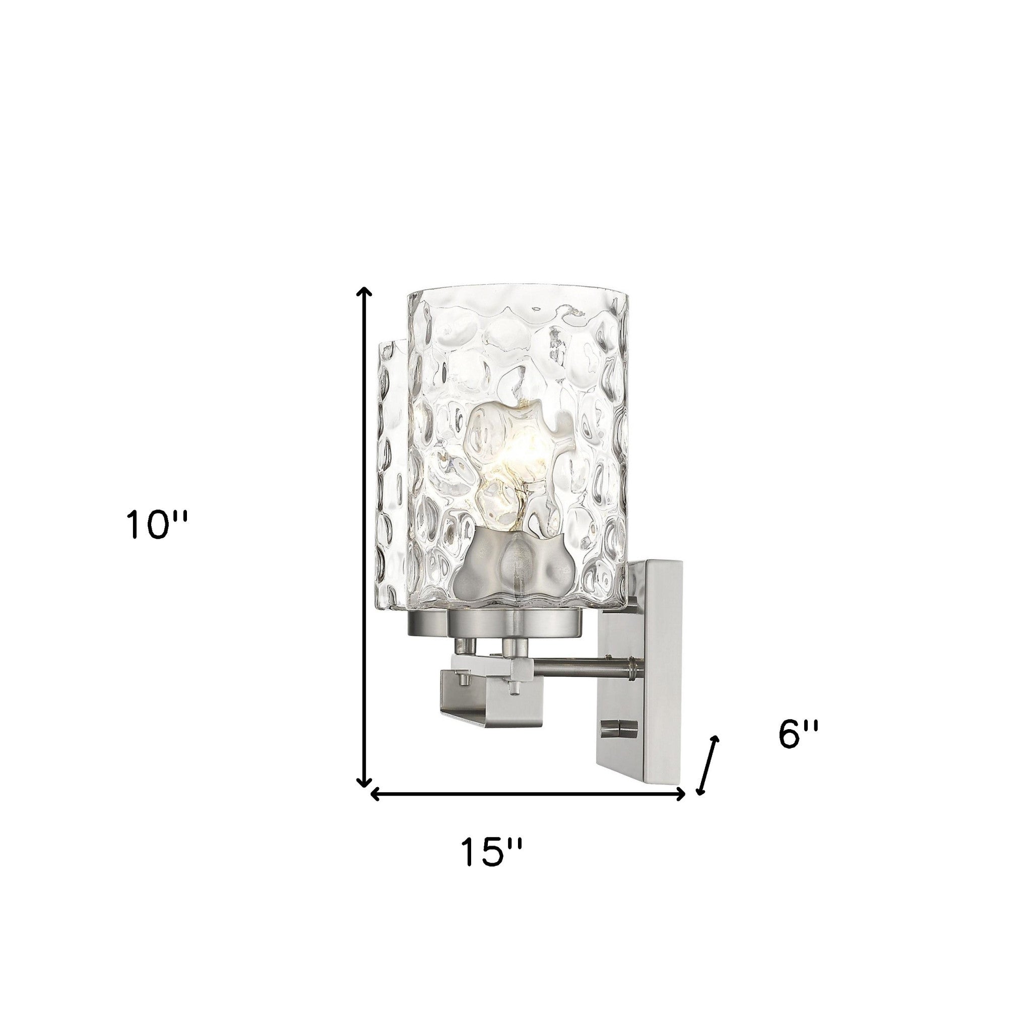 Silver metal two-light wall sconce with pebbled glass shades – modern indoor lighting fixture shown with dimensions of 10 inches high by 15 inches wide by 6 inches deep