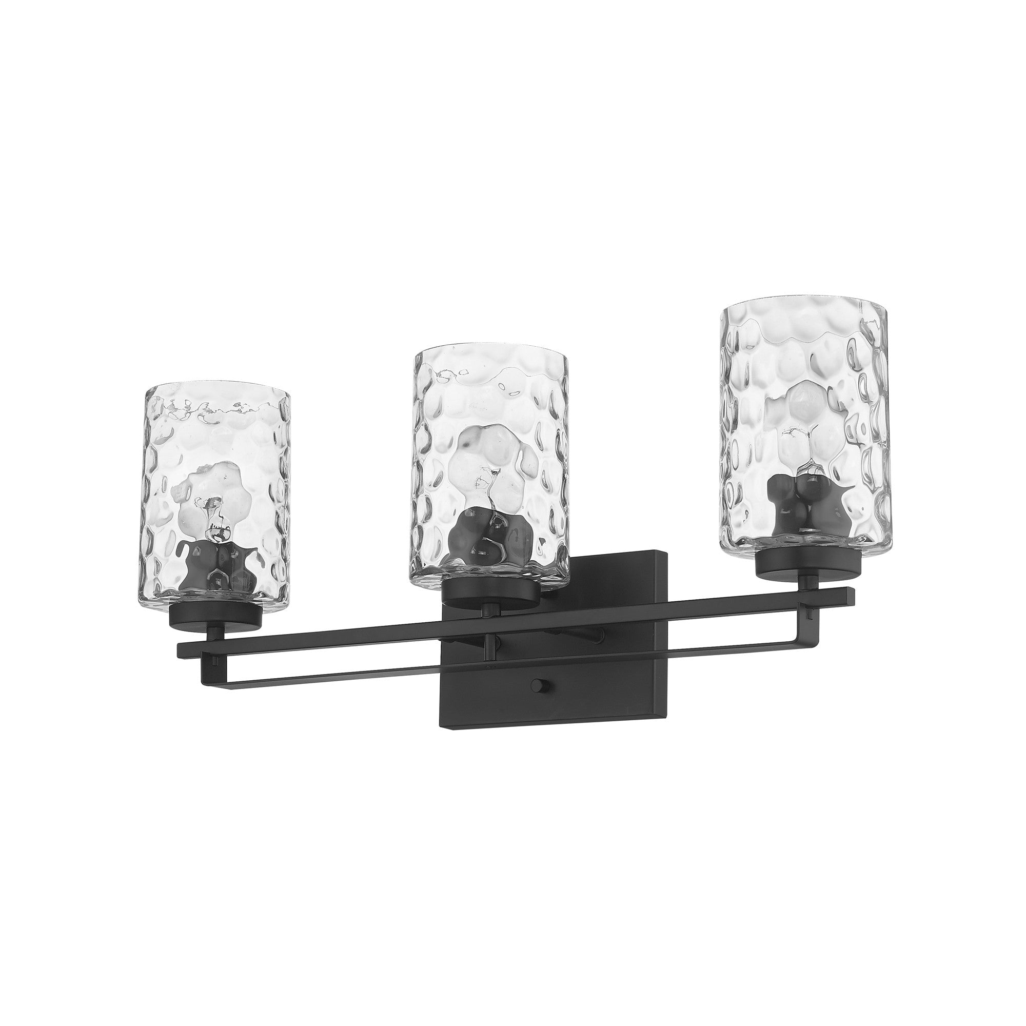 Bottom up right angle view of the Livvy 3-light matte black vanity light with optic glass shades – modern bathroom lighting fixture.
