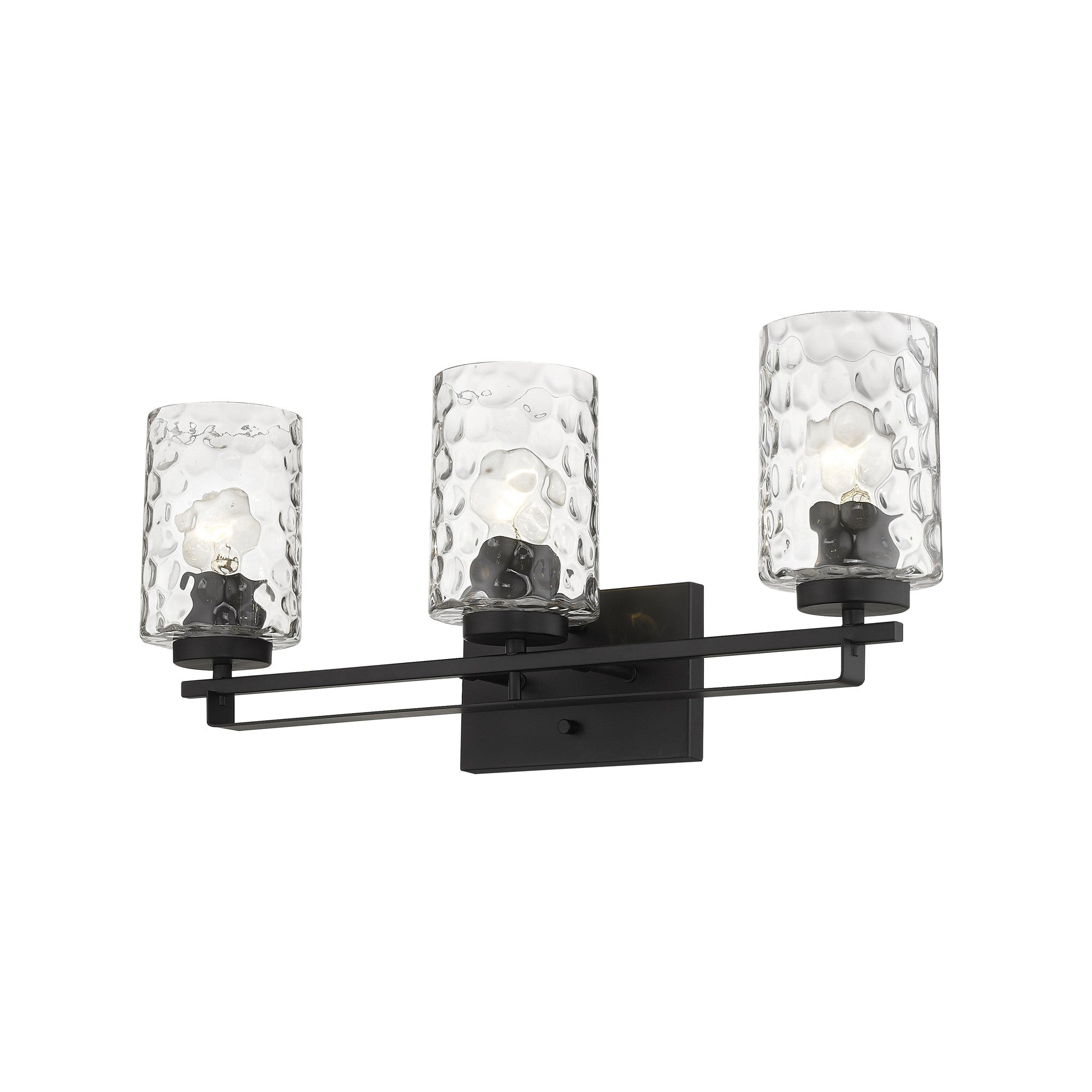 Bottom up right angle view of the lighted Livvy 3-light matte black vanity light with optic glass shades – modern bathroom lighting fixture.