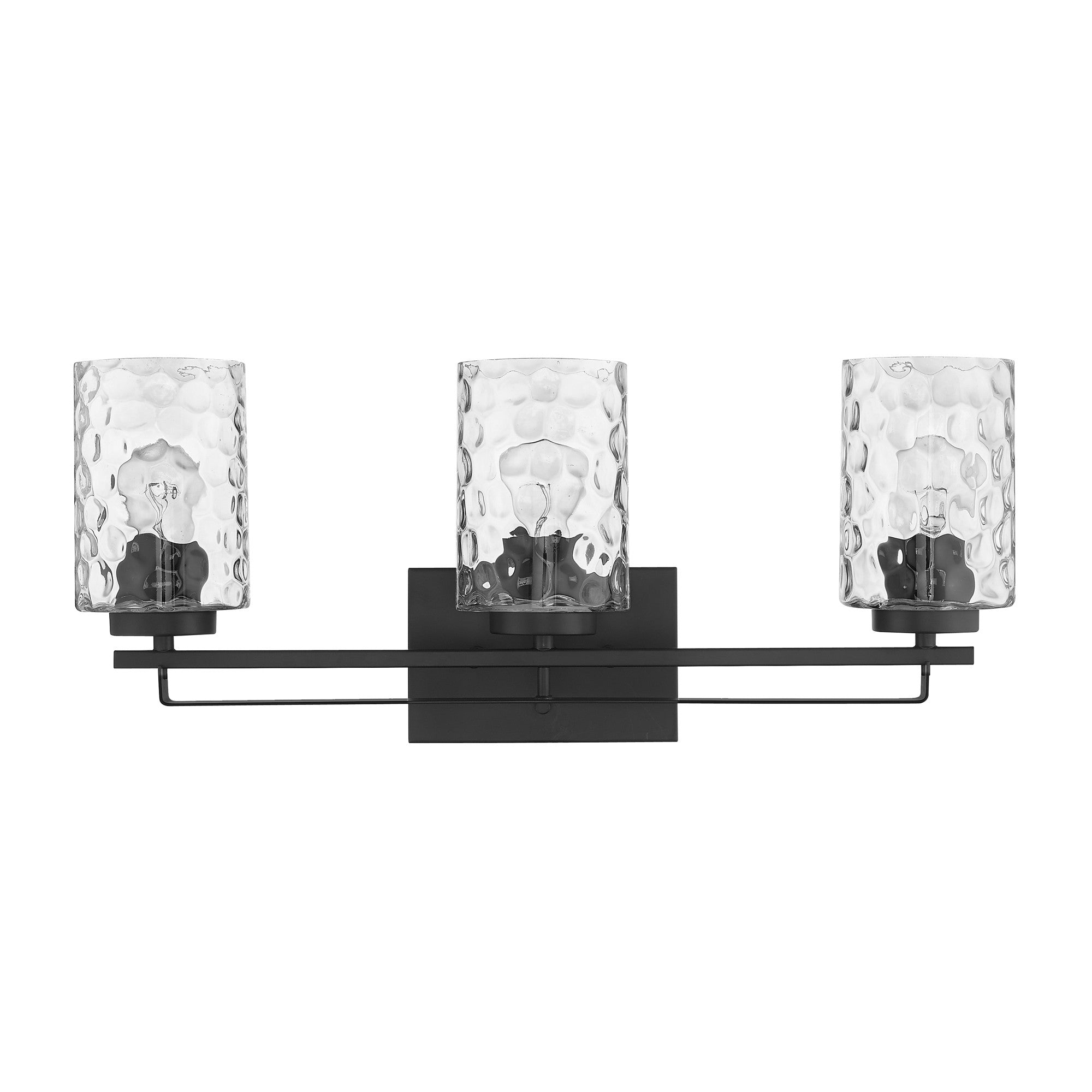 Front view of the Livvy 3-light matte black vanity light with optic glass shades – modern bathroom lighting fixture.