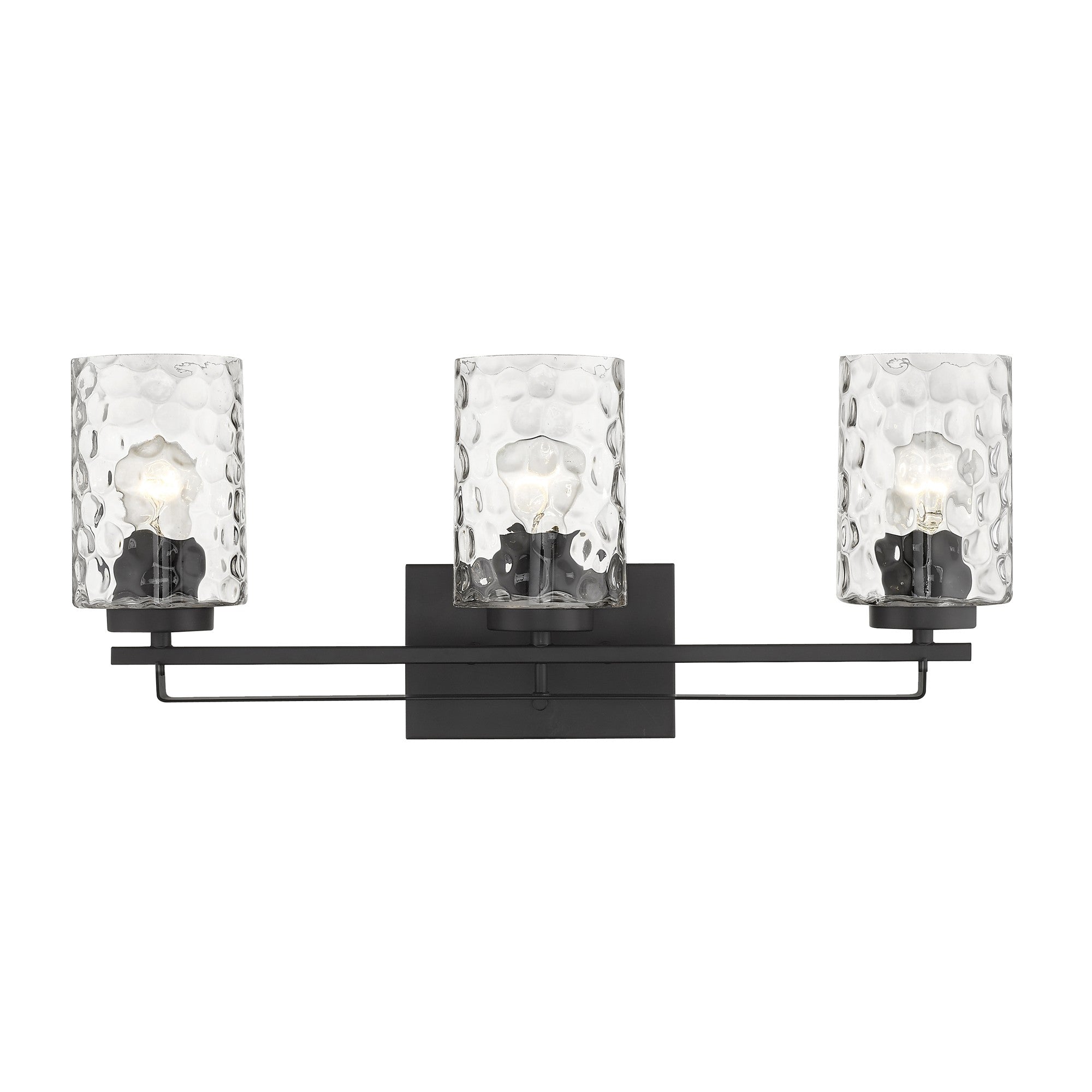 Front view of the lighted Livvy 3-light matte black vanity light with optic glass shades – modern bathroom lighting fixture.