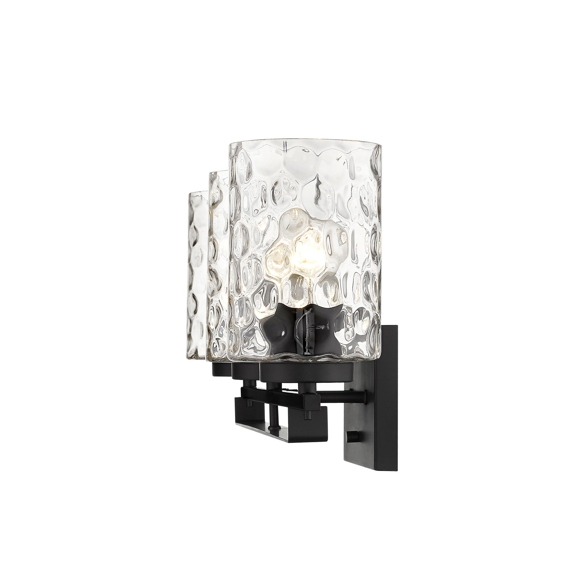 Side view of the lighted Livvy 3-light matte black vanity light with optic glass shades – modern bathroom lighting fixture.