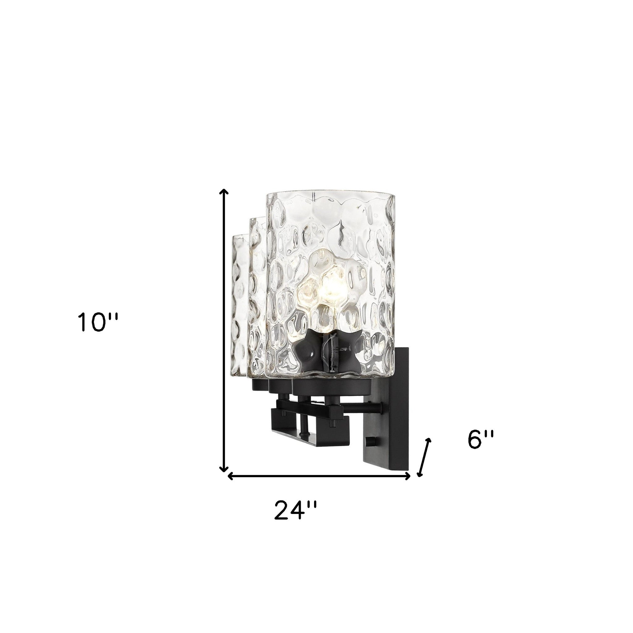 Livvy 3-light matte black vanity light with optic glass shades – modern bathroom lighting fixture shown with dimensions of 10 inches high by 24 inches wide by 6 inches deep