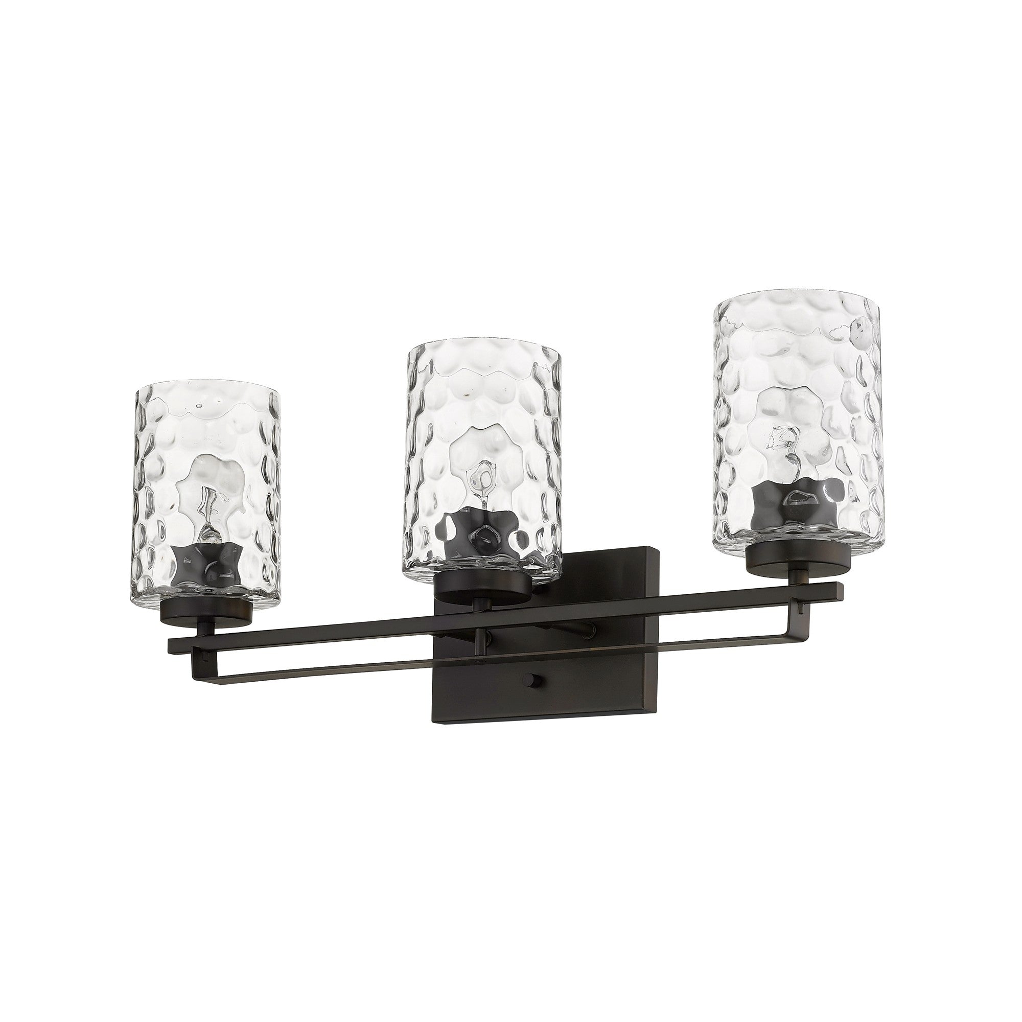 Bottom up right angle view of the Livvy 3-light oil-rubbed bronze vanity light with optic glass shades – modern warm bathroom lighting fixture