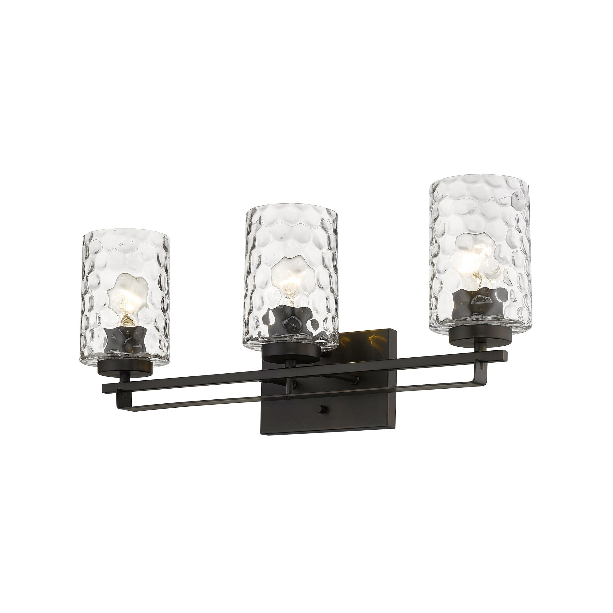 Bottom up right angle view of the lighted Livvy 3-light oil-rubbed bronze vanity light with optic glass shades – modern warm bathroom lighting fixture.