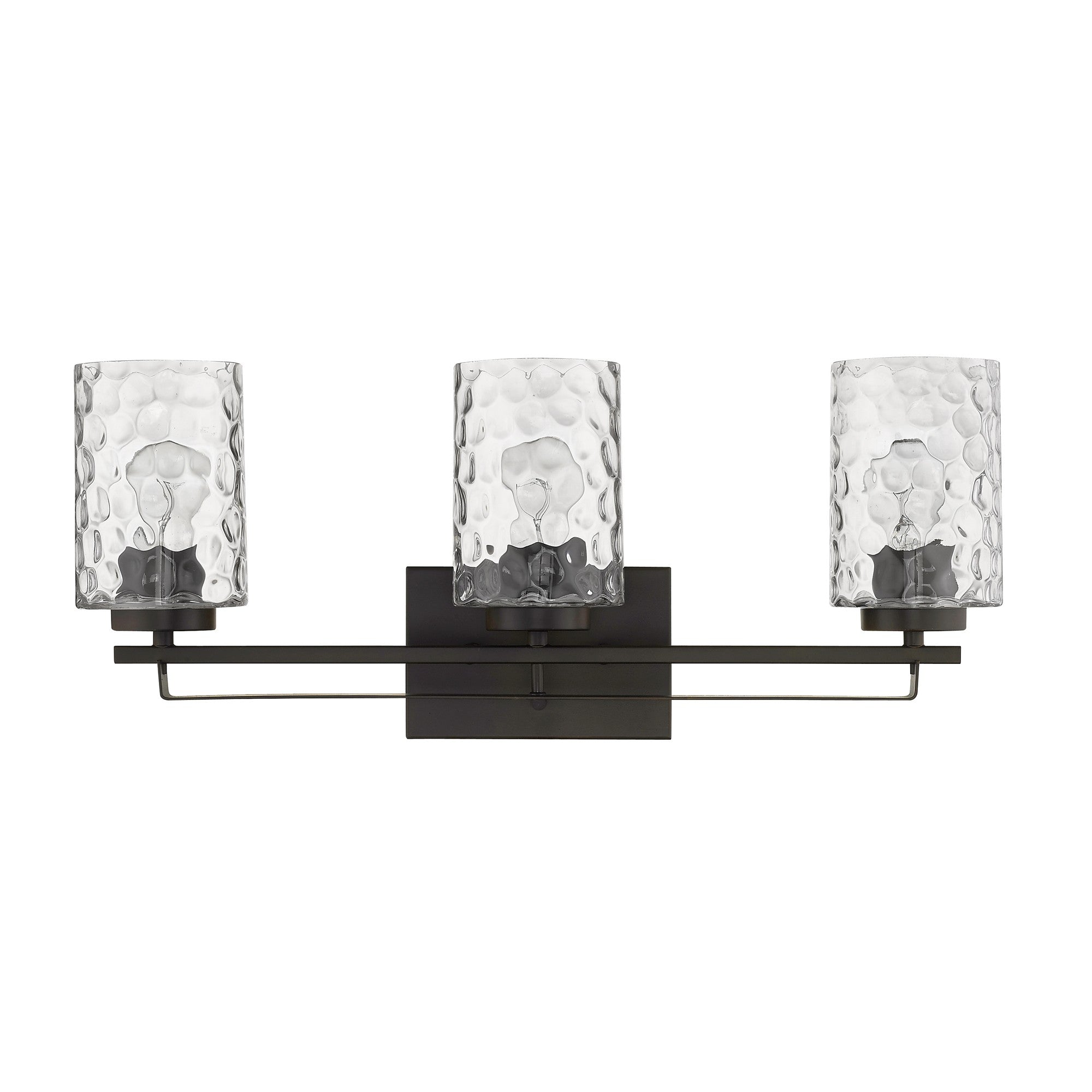 Front view of the Livvy 3-light oil-rubbed bronze vanity light with optic glass shades – modern warm bathroom lighting fixture.