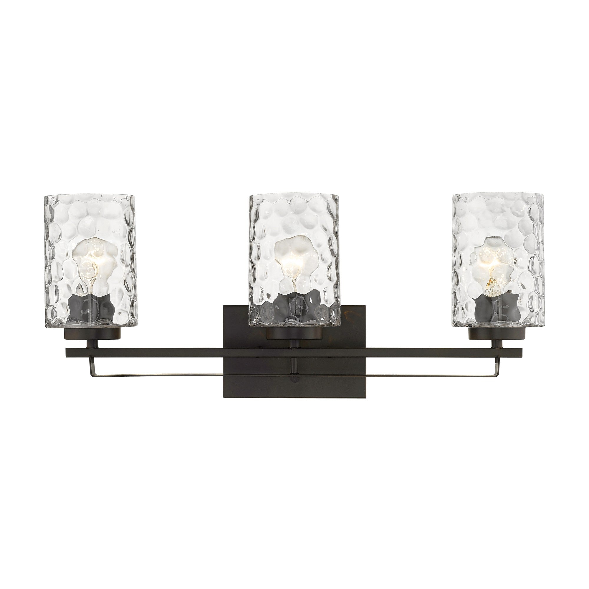 Front view of the lighted Livvy 3-light oil-rubbed bronze vanity light with optic glass shades – modern warm bathroom lighting fixture.