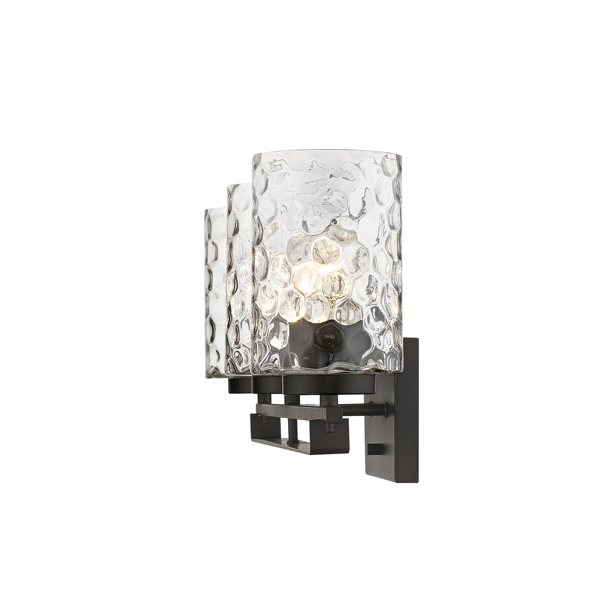 Side view of the lighted Livvy 3-light oil-rubbed bronze vanity light with optic glass shades – modern warm bathroom lighting fixture.
