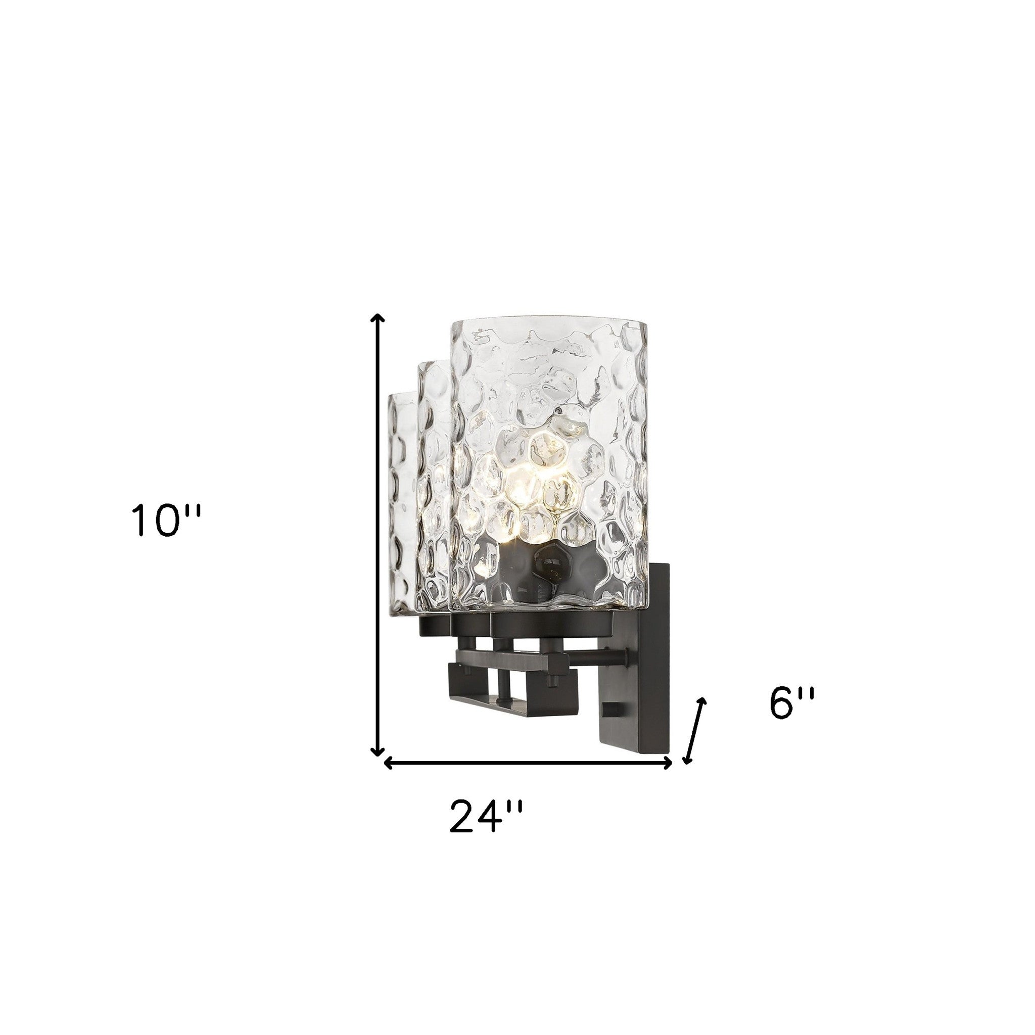 Livvy 3-light oil-rubbed bronze vanity light with optic glass shades – modern warm bathroom lighting fixture shown with dimensions of 10 inches high by 24 inches wide by 6 inches deep