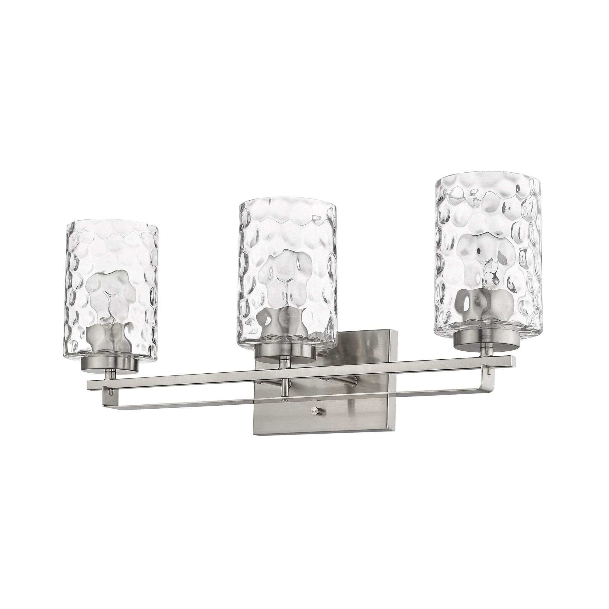 Bottom up right angle view of the Livvy 3-light satin nickel vanity light with optic glass shades – modern bathroom lighting fixture.
