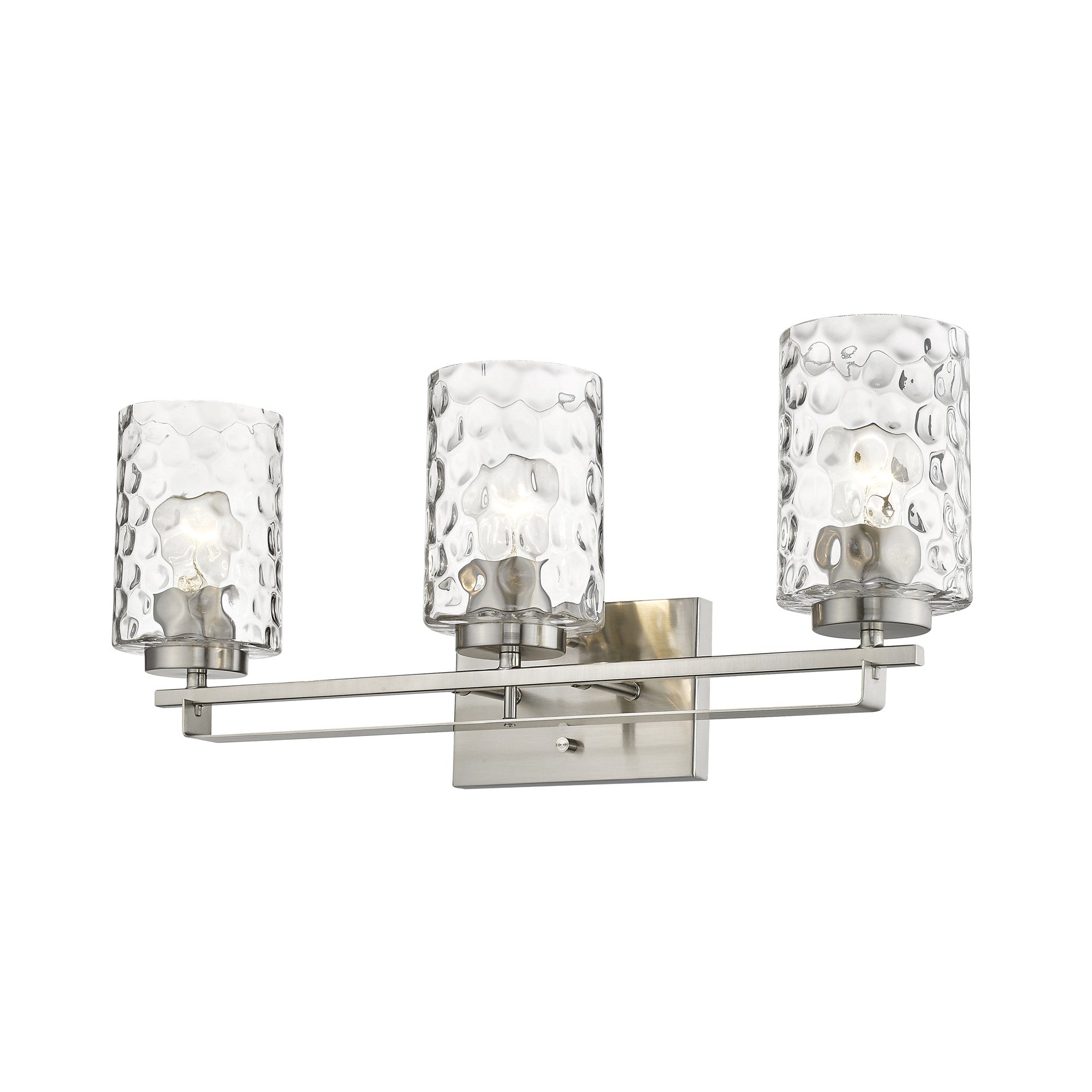 Bottom up right angle view of the lighted Livvy 3-light satin nickel vanity light with optic glass shades – modern bathroom lighting fixture.