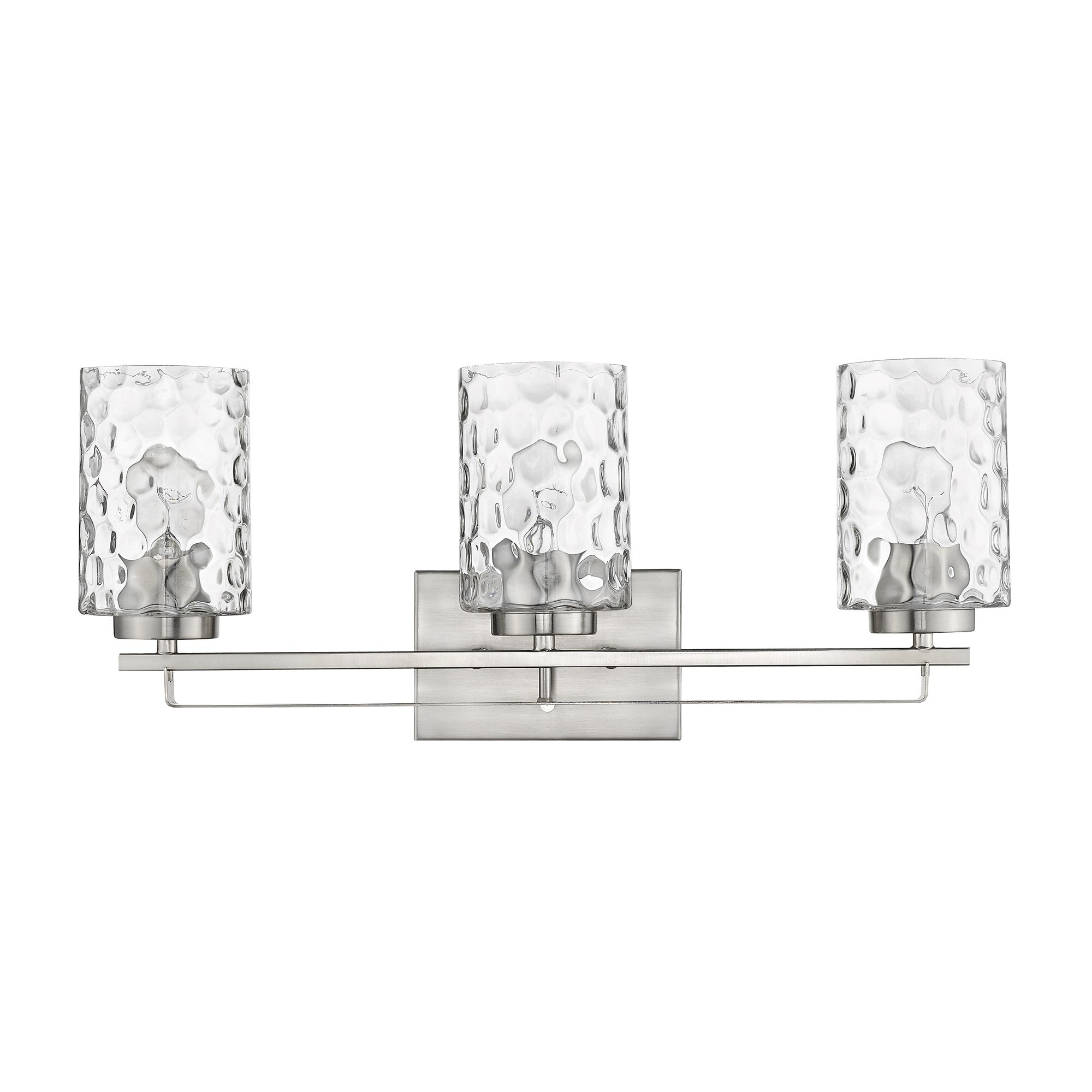 Front view of the Livvy 3-light satin nickel vanity light with optic glass shades – modern bathroom lighting fixture.
