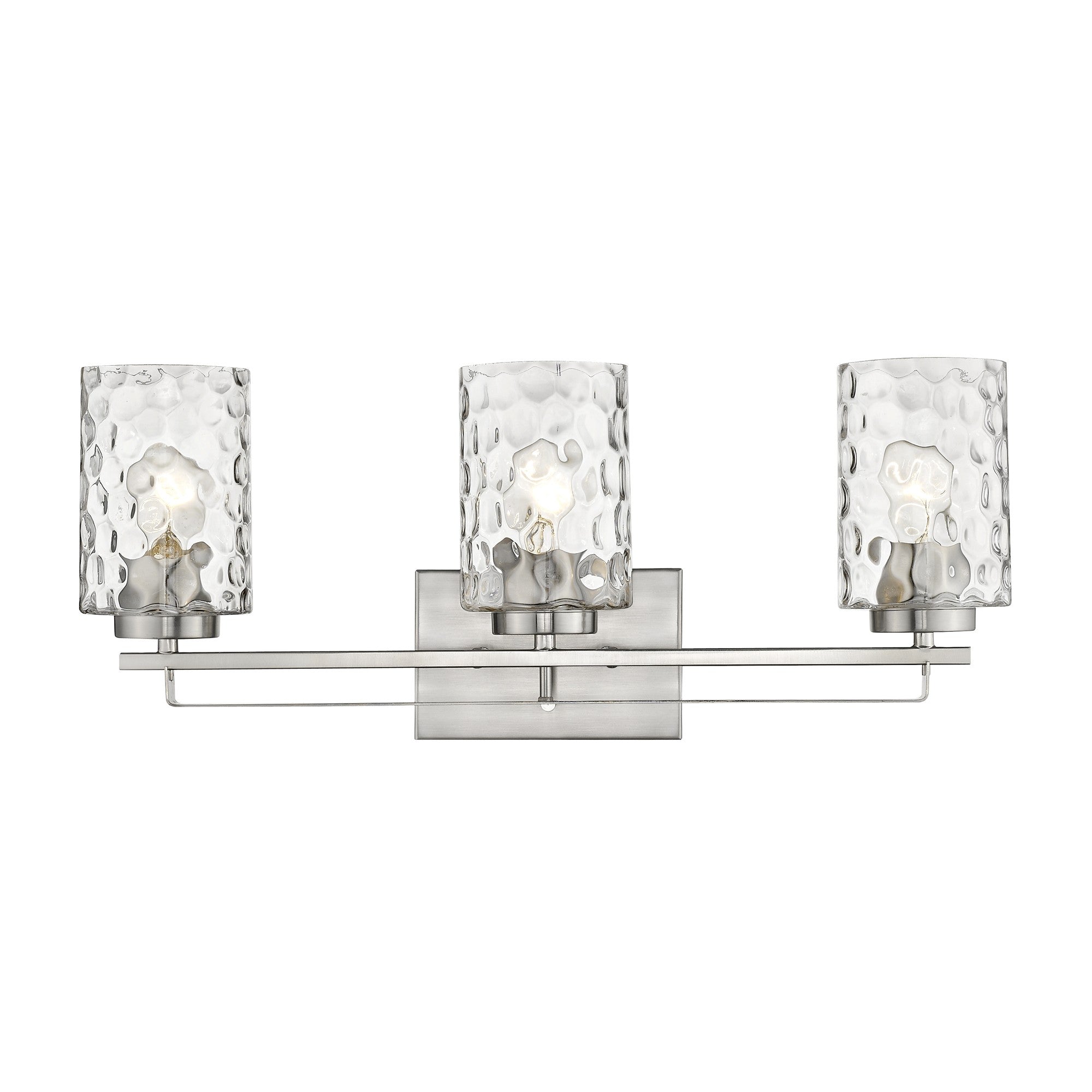 Front view of the lighted Livvy 3-light satin nickel vanity light with optic glass shades – modern bathroom lighting fixture.