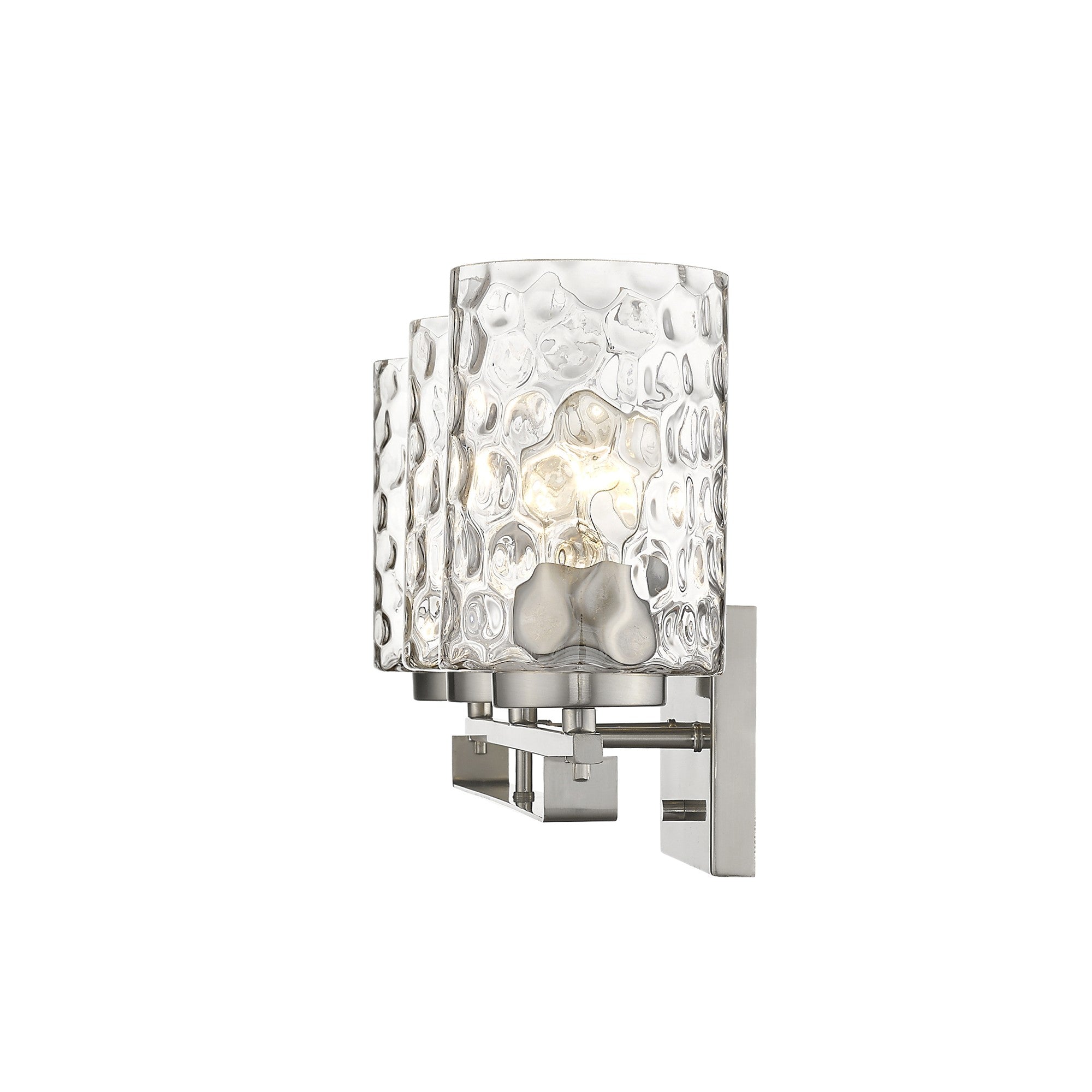Side view of the lighted Livvy 3-light satin nickel vanity light with optic glass shades – modern bathroom lighting fixture.
