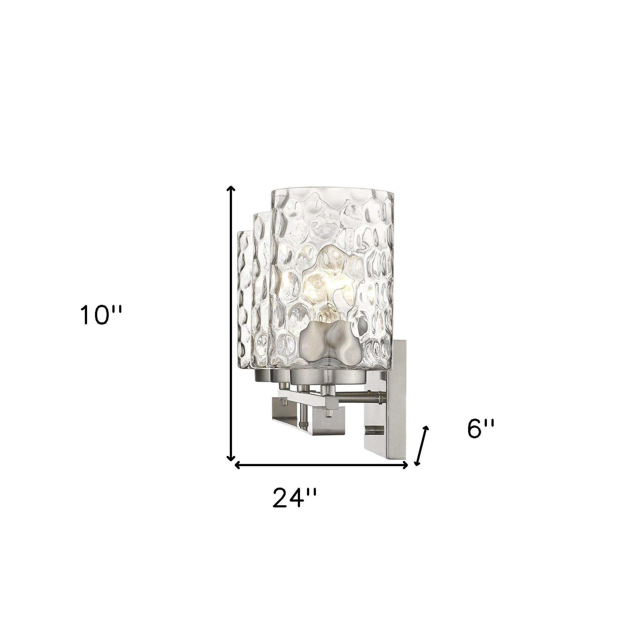 Livvy 3-light satin nickel vanity light with optic glass shades – modern bathroom lighting fixture shown with dimensions of 10 inches high by 24 inches wide by 6 inches deep