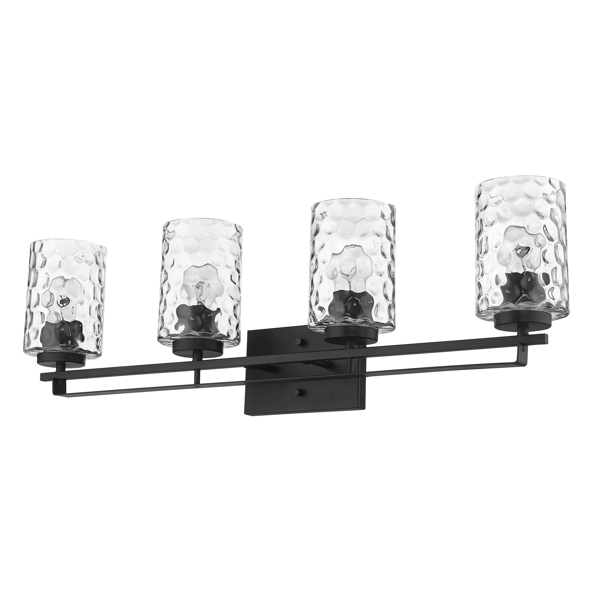 Bottom up right angle view of the Livvy 4-light matte black vanity light with optic glass shades – modern bathroom lighting fixture.
