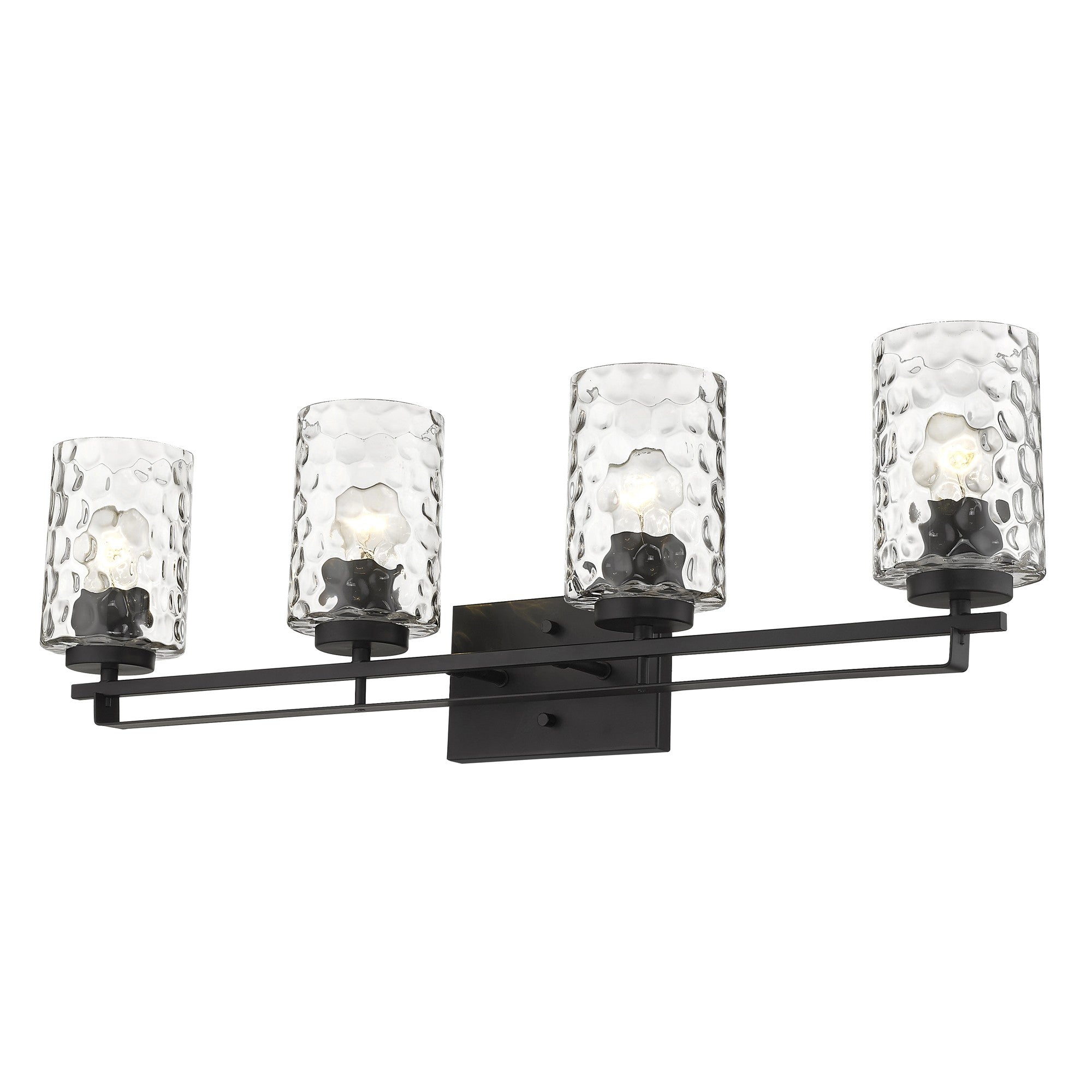Bottom up right angle view of the lighted Livvy 4-light matte black vanity light with optic glass shades – modern bathroom lighting fixture.