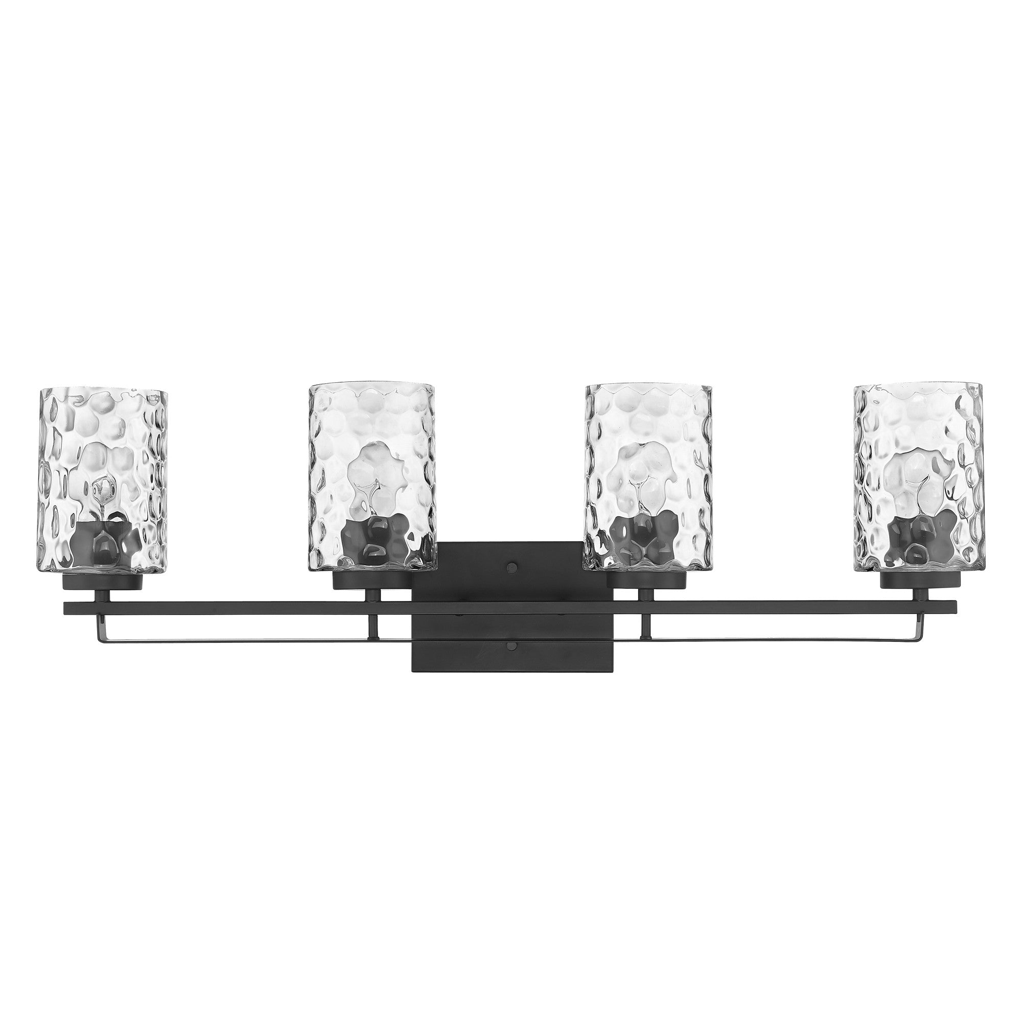 Front view of the Livvy 4-light matte black vanity light with optic glass shades – modern bathroom lighting fixture.