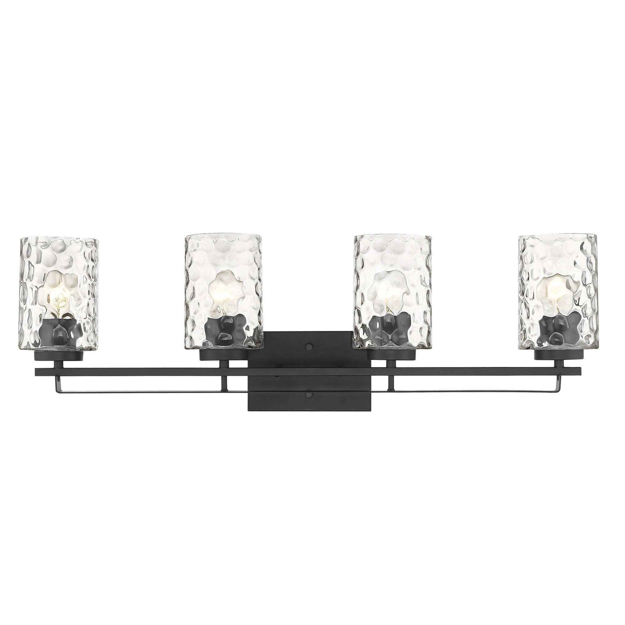 Front view of the lighted Livvy 4-light matte black vanity light with optic glass shades – modern bathroom lighting fixture.