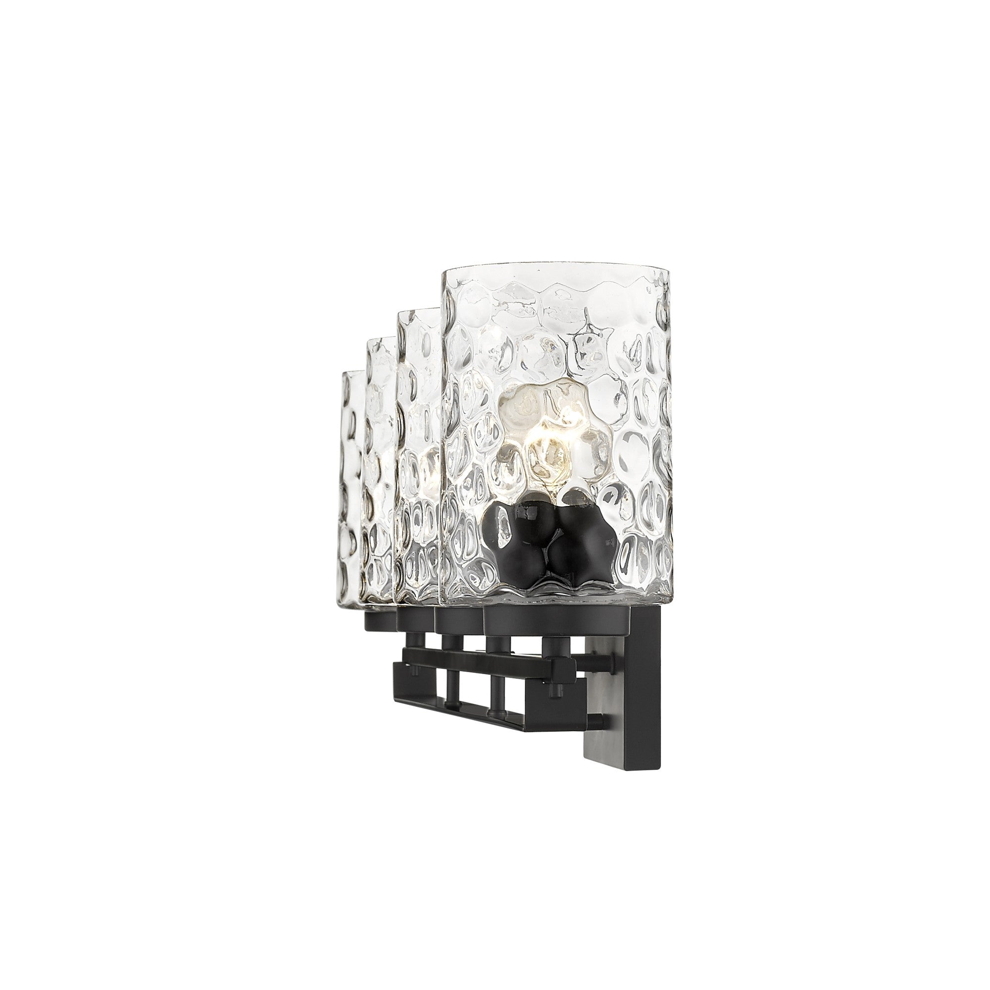 Side view of the lighted Livvy 4-light matte black vanity light with optic glass shades – modern bathroom lighting fixture.