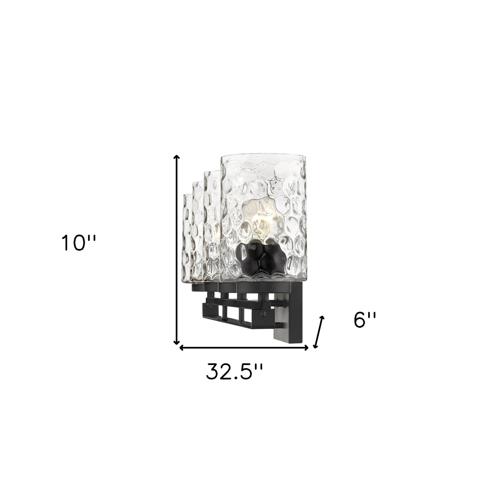 Livvy 4-light matte black vanity light with optic glass shades – modern bathroom lighting fixture shown with dimensions of 10 inches high by 2 point 5 inches wide by 6 inches deep