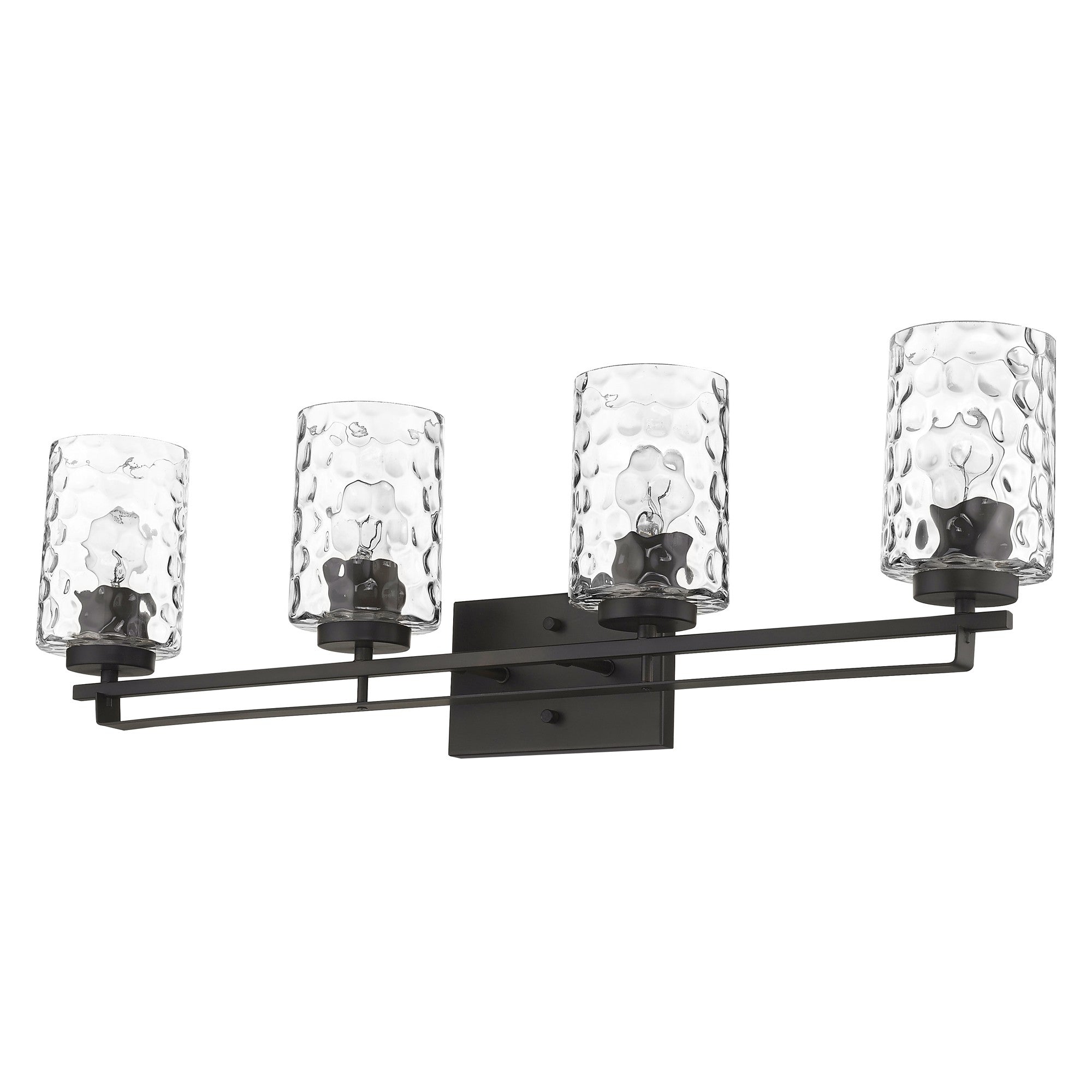 Bottom up right angle view of the Livvy 4-light oil-rubbed bronze vanity light with optic glass shades – modern bathroom lighting fixture.