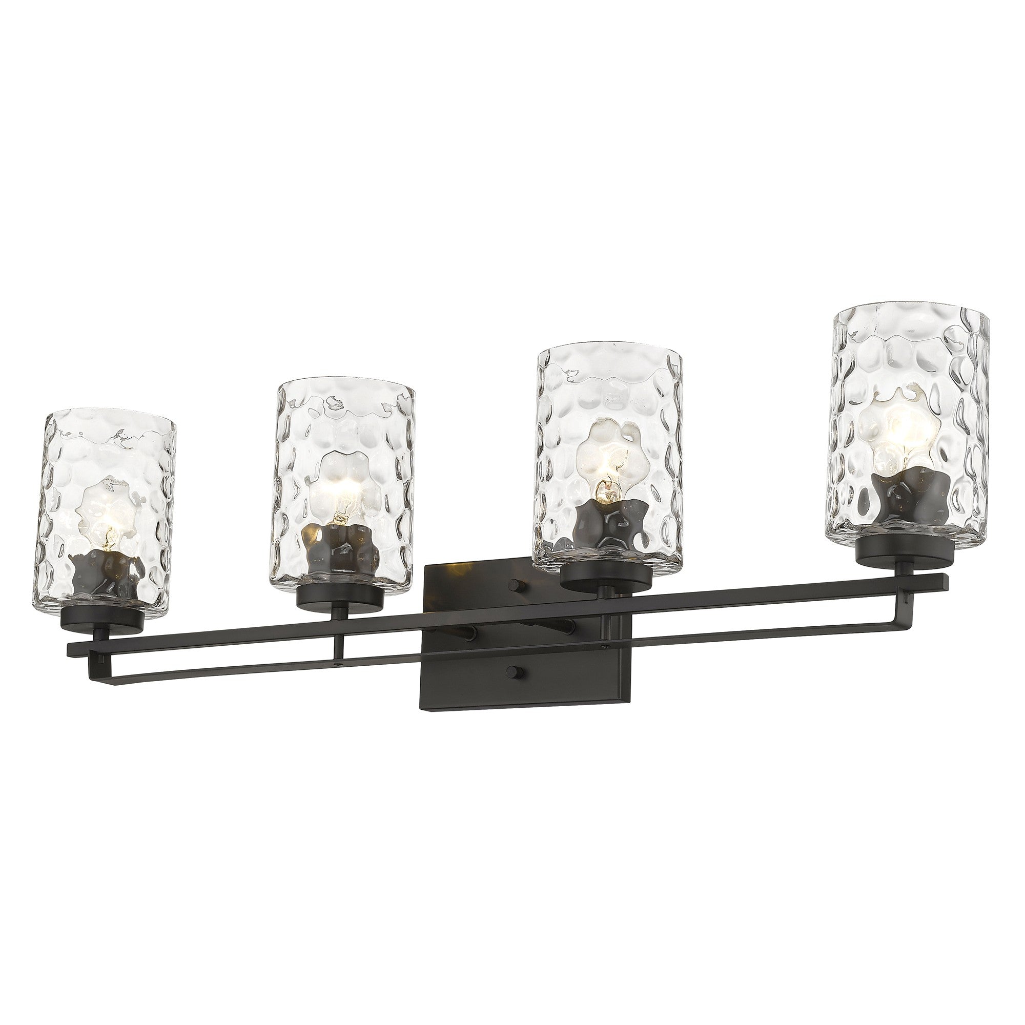 Bottom up right angle view of the lighted Livvy 4-light oil-rubbed bronze vanity light with optic glass shades – modern bathroom lighting fixture.