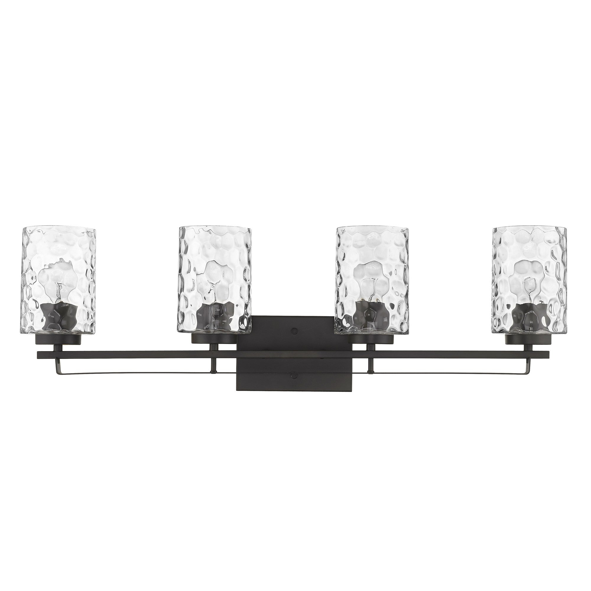 Front view of the Livvy 4-light oil-rubbed bronze vanity light with optic glass shades – modern bathroom lighting fixture.