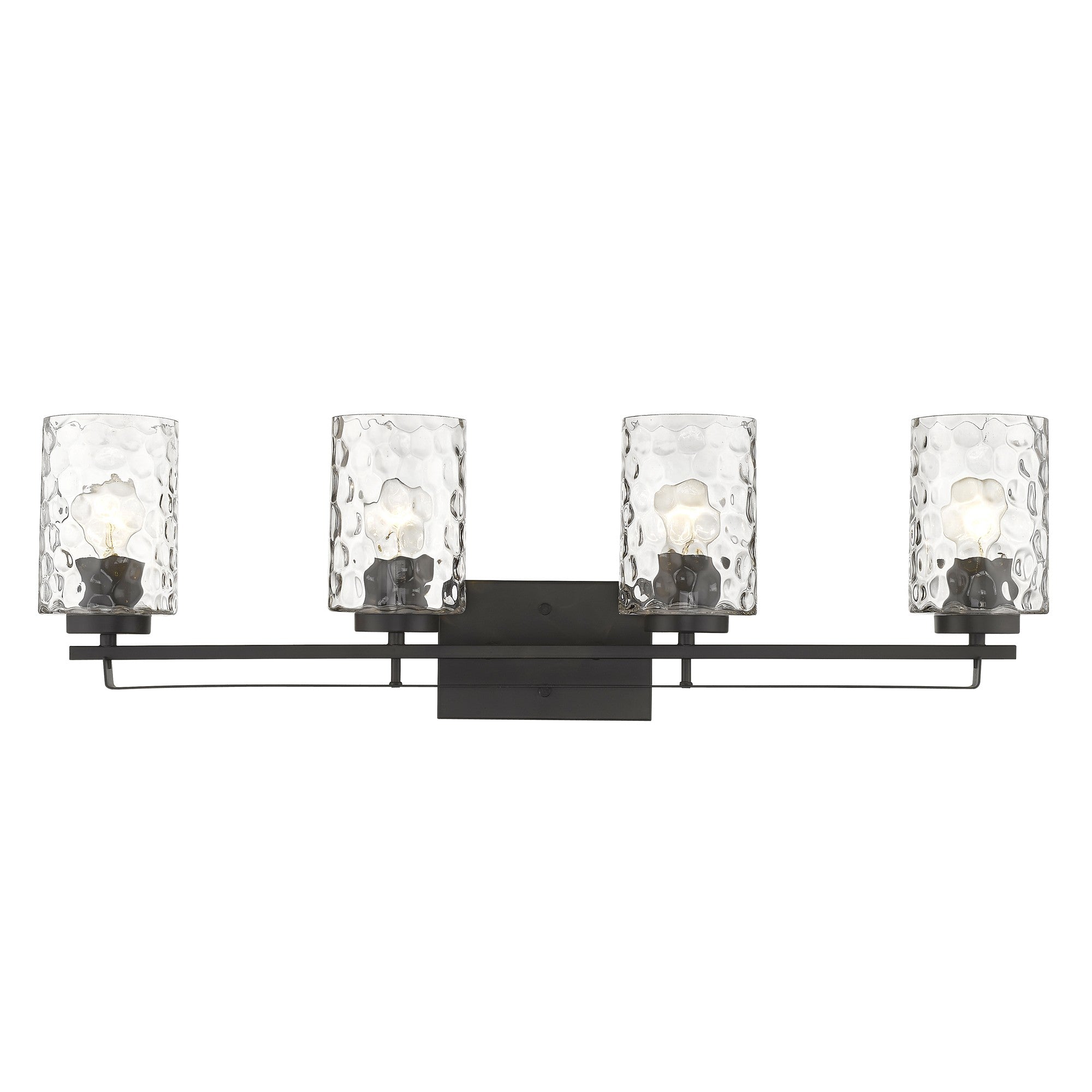 Front view of the lighted Livvy 4-light oil-rubbed bronze vanity light with optic glass shades – modern bathroom lighting fixture.
