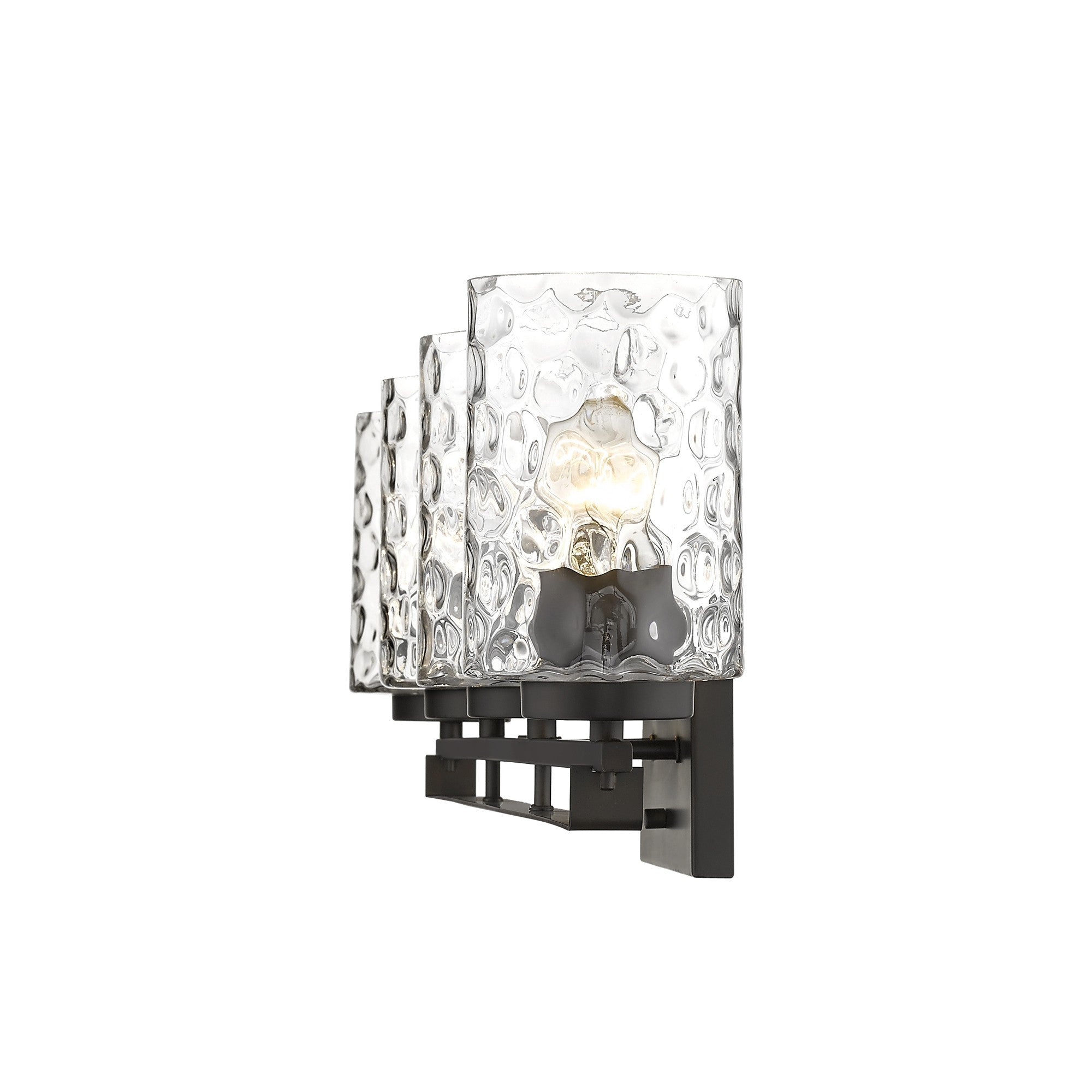 Side view of the lighted Livvy 4-light oil-rubbed bronze vanity light with optic glass shades – modern bathroom lighting fixture.