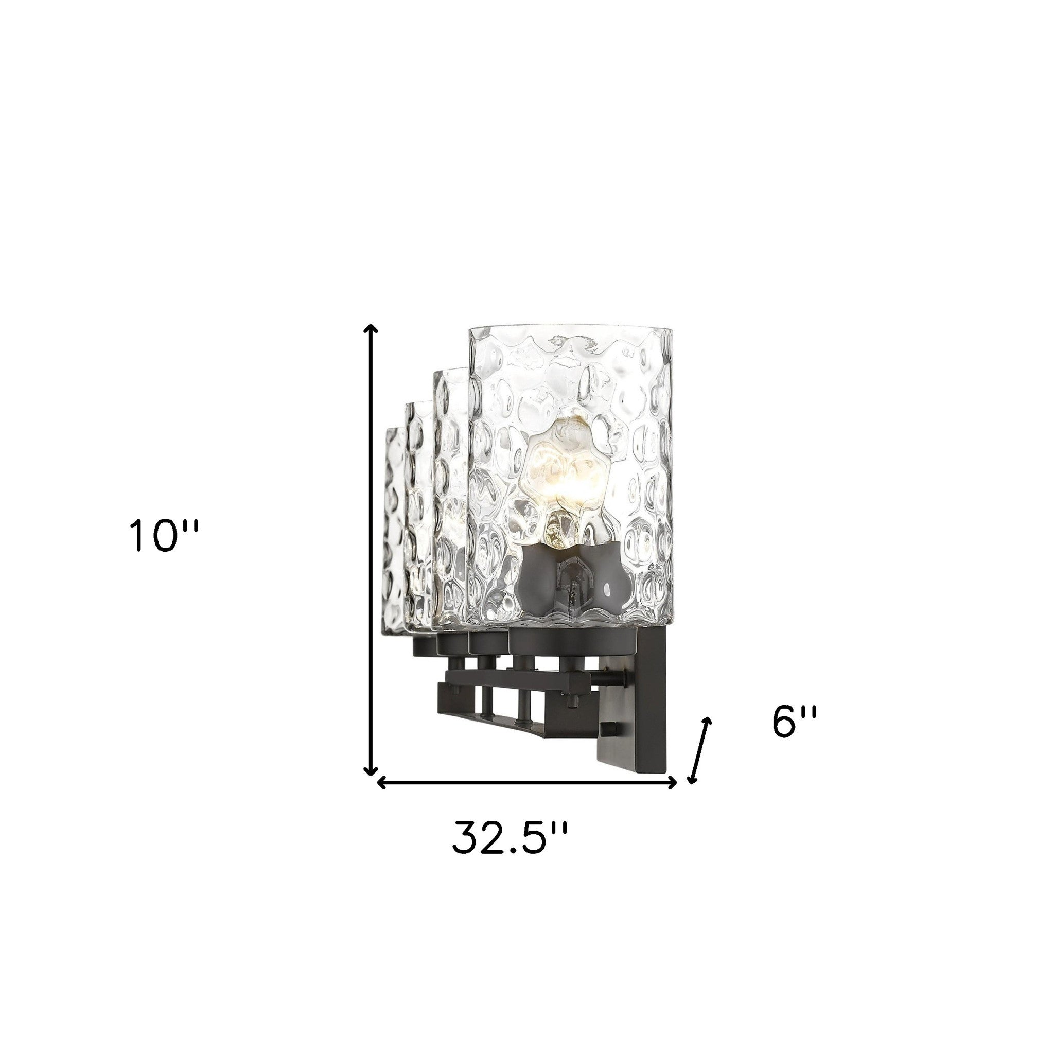 Livvy 4-light oil-rubbed bronze vanity light with optic glass shades – modern bathroom lighting fixture shown with dimensions of 10 inches high by 32 point 5 inches wide by 6 inches deep
