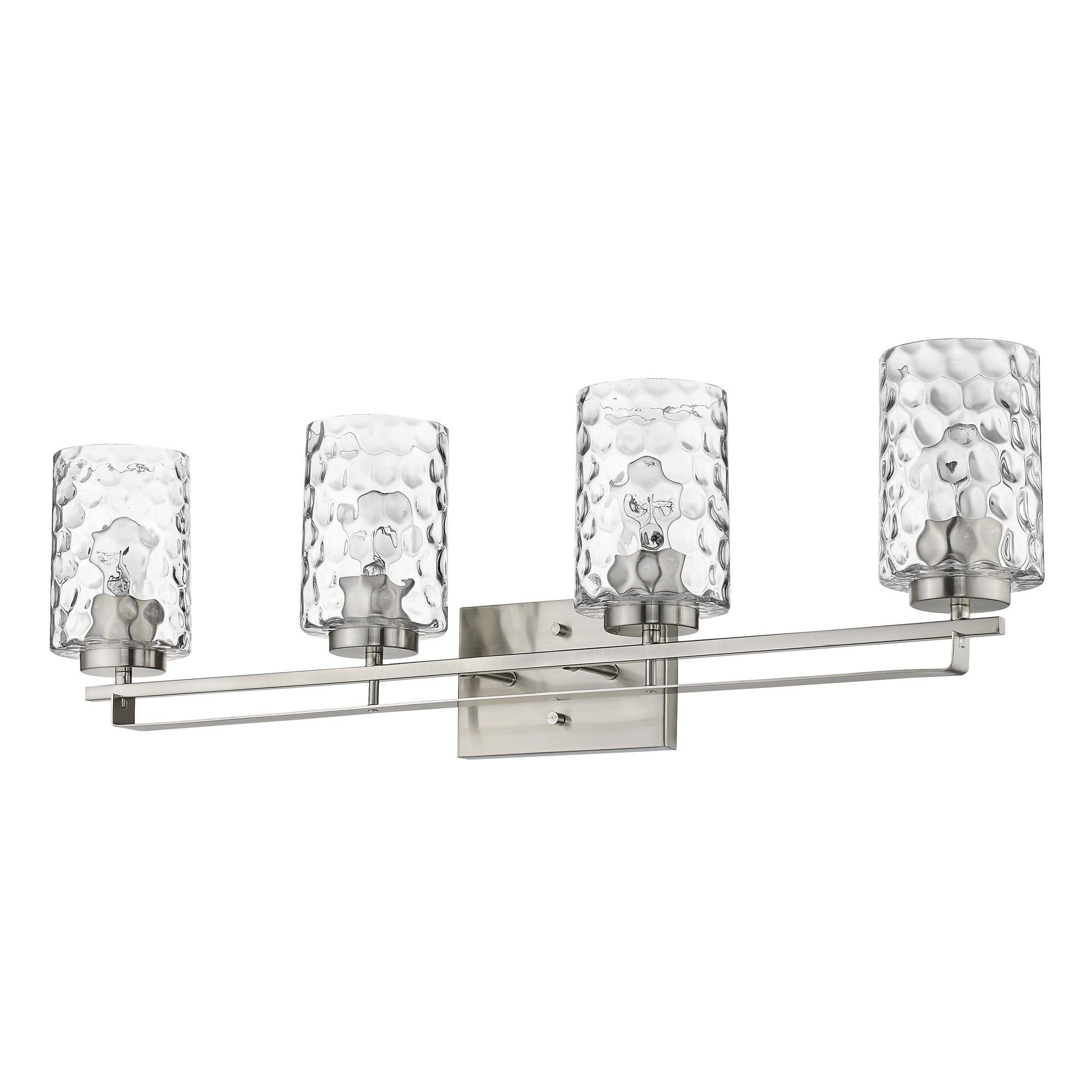 Bottom up right angle view of the Livvy 4-light satin nickel vanity light with optic glass shades – modern bathroom lighting fixture.