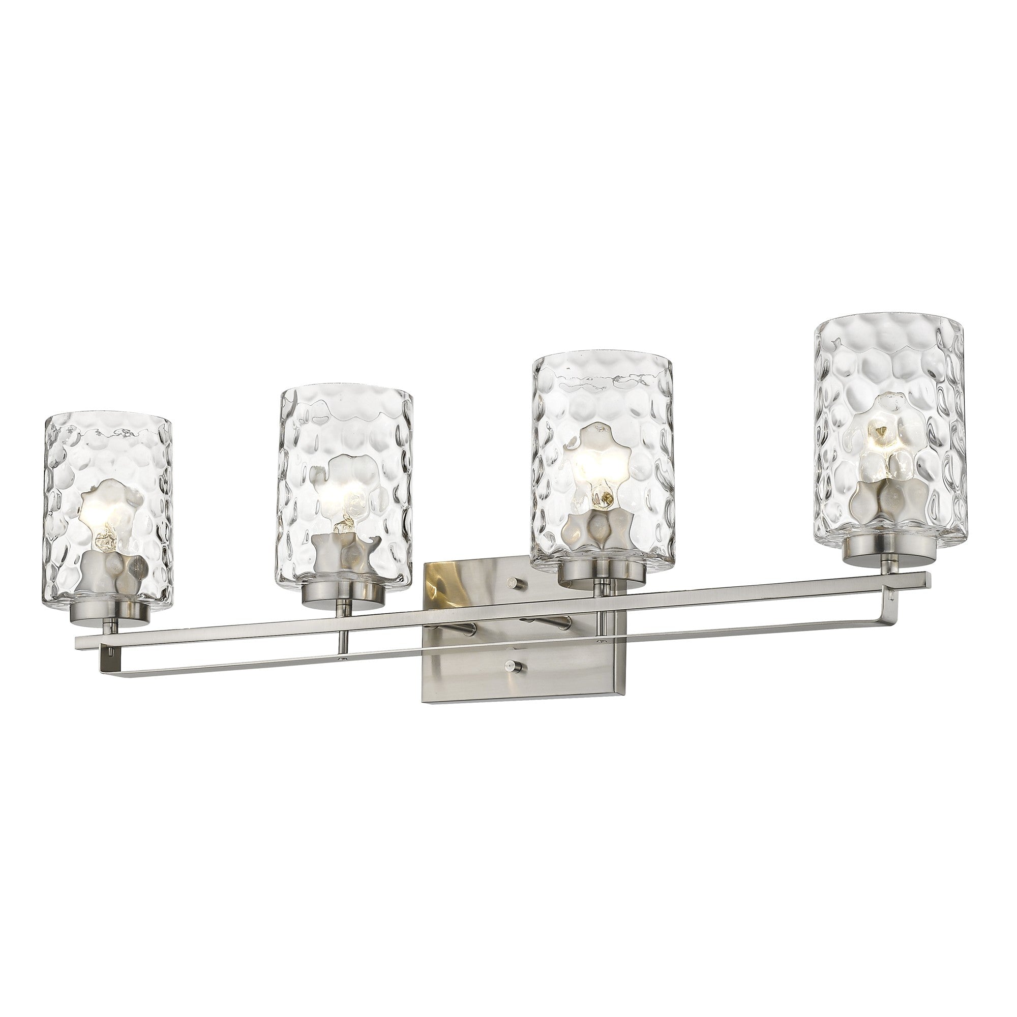 Bottom up right angle view of the lighted Livvy 4-light satin nickel vanity light with optic glass shades – modern bathroom lighting fixture.