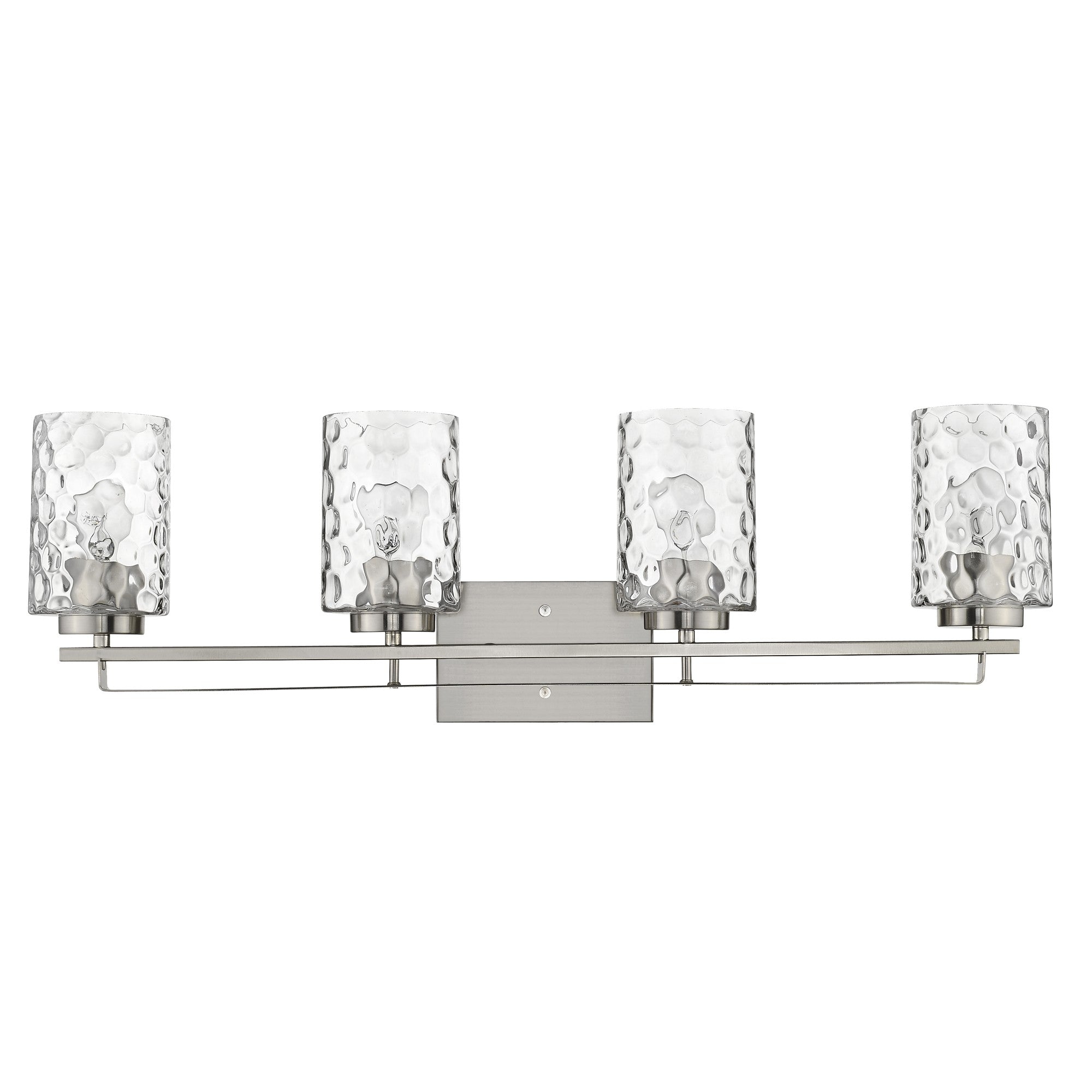 Front view of the Livvy 4-light satin nickel vanity light with optic glass shades – modern bathroom lighting fixture.