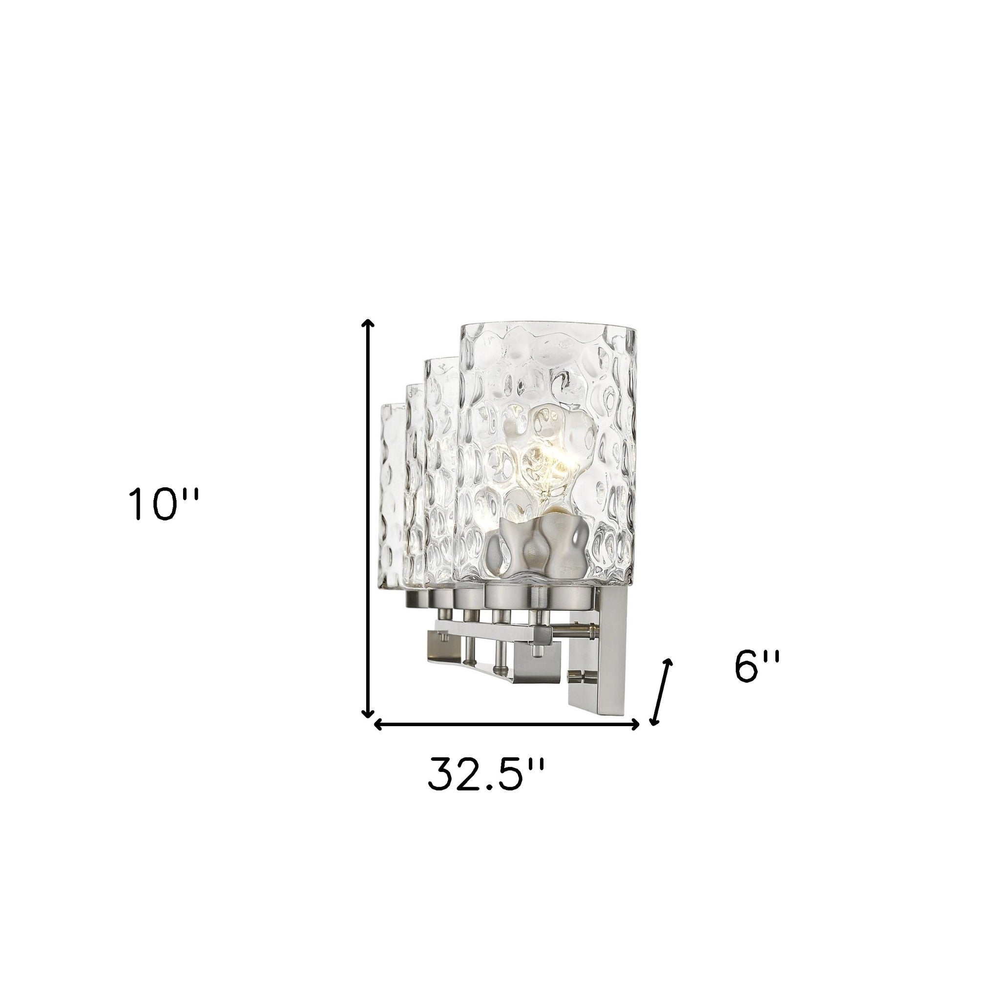 Livvy 4-light satin nickel vanity light with optic glass shades – modern bathroom lighting fixture shown with dimensions of 10 inches high by 32 point 5 inches wide by 6 inches deep