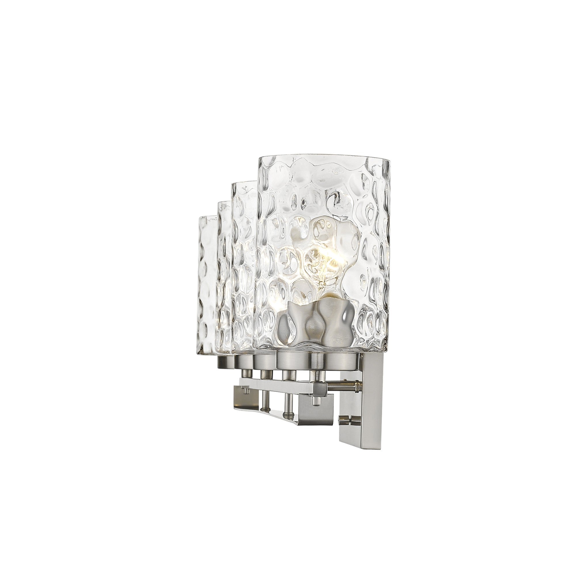 Side view of the lighted Livvy 4-light satin nickel vanity light with optic glass shades – modern bathroom lighting fixture.