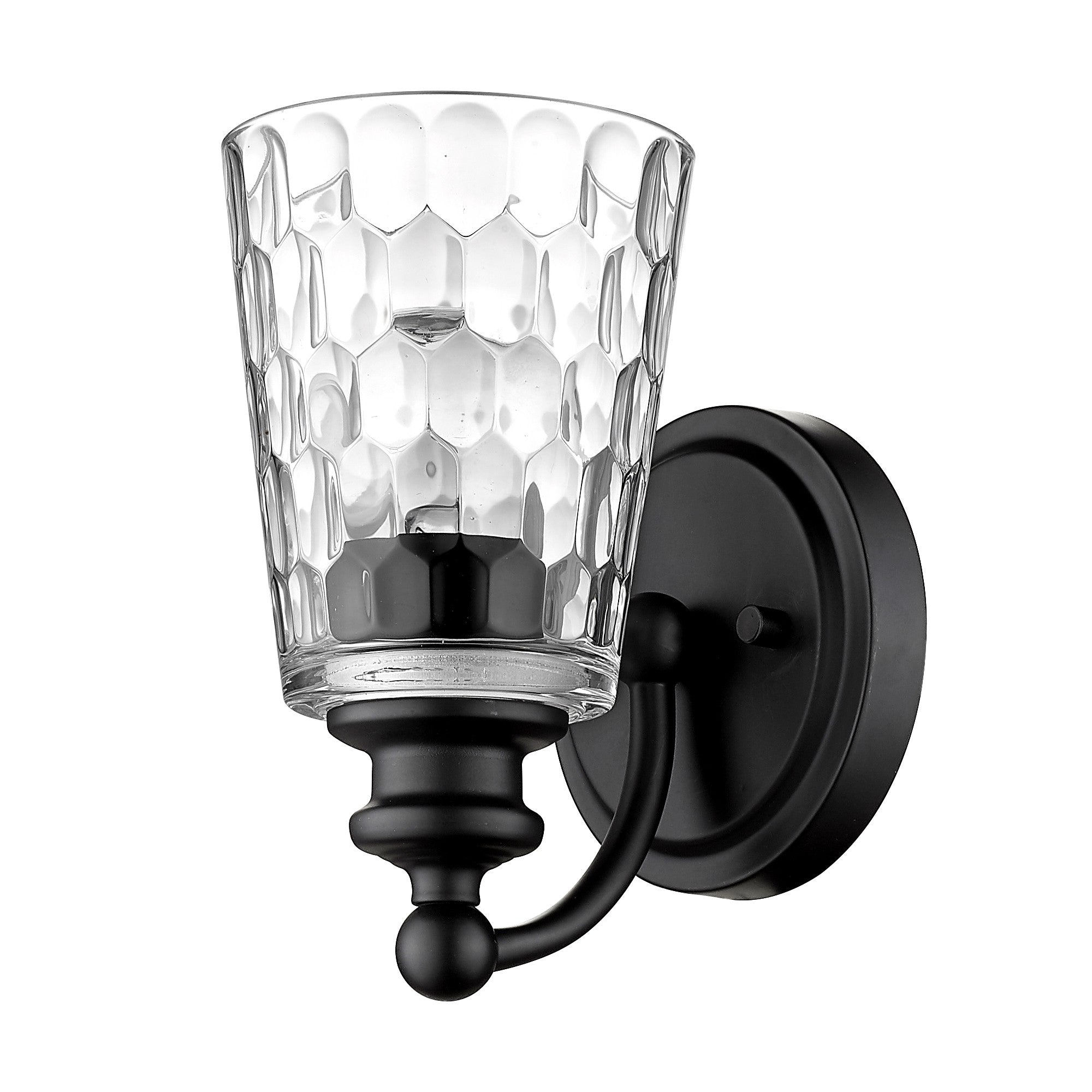 Bottom up right angle view of the Black metal wall sconce with pebbled glass shade – modern, dimmable indoor lighting fixture.