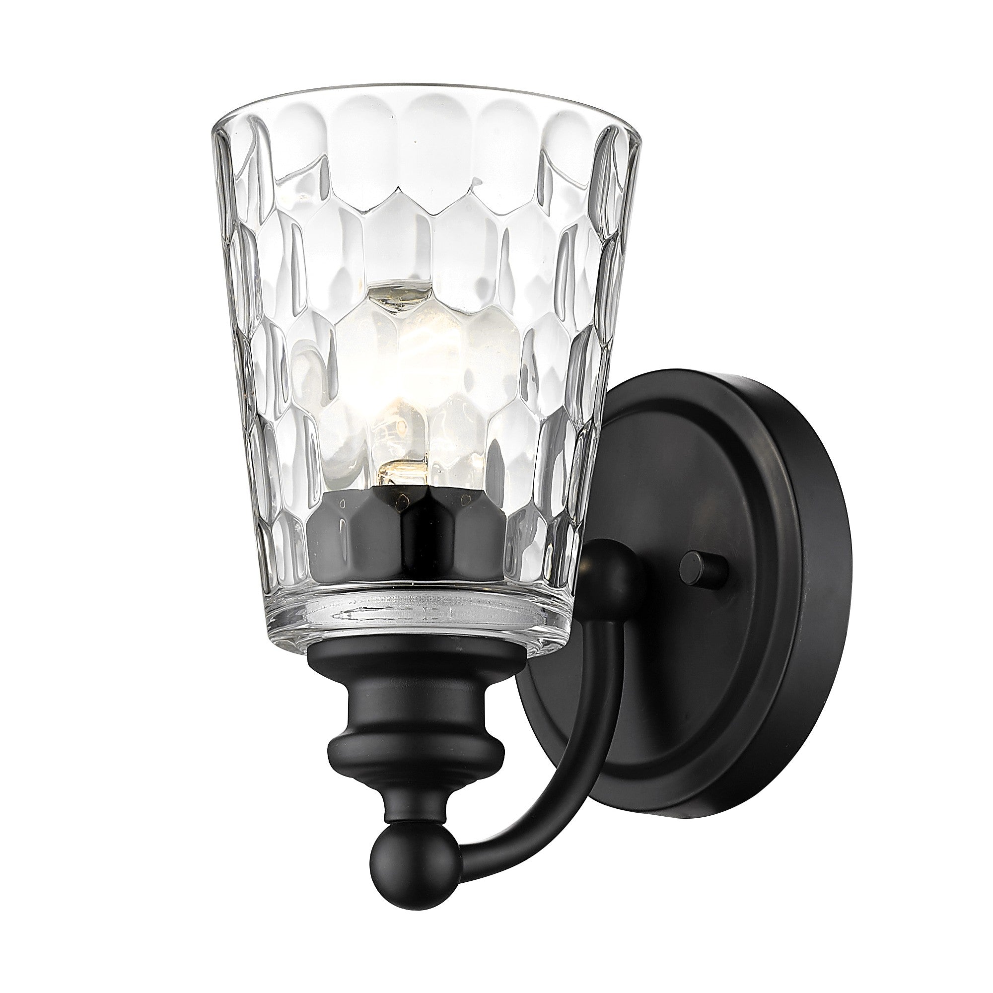 Bottom up right angle view of the lighted Black metal wall sconce with pebbled glass shade – modern, dimmable indoor lighting fixture.