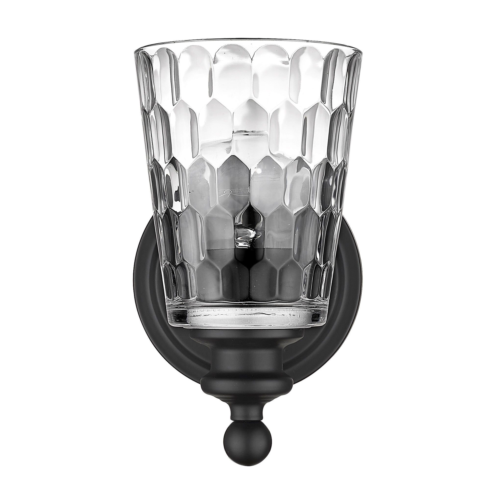 Front view of the Black metal wall sconce with pebbled glass shade – modern, dimmable indoor lighting fixture.