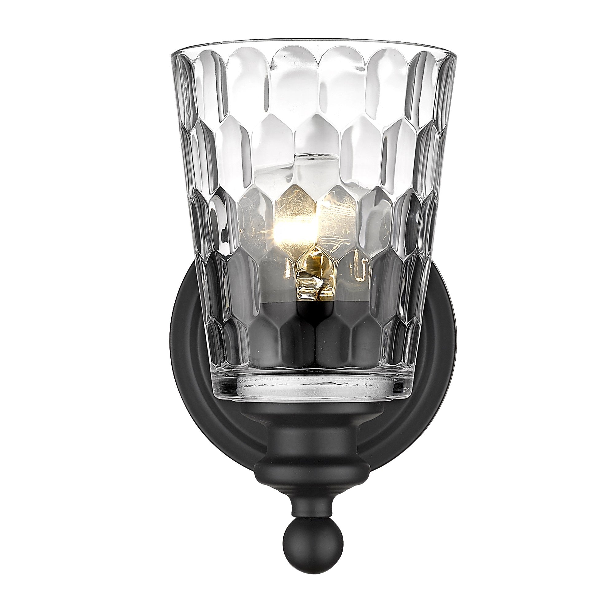 Front view of the lighted Black metal wall sconce with pebbled glass shade – modern, dimmable indoor lighting fixture.